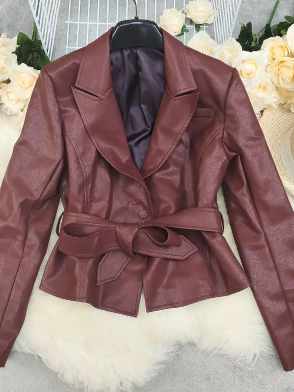 Trendsi Belted Faux Leather Blazer