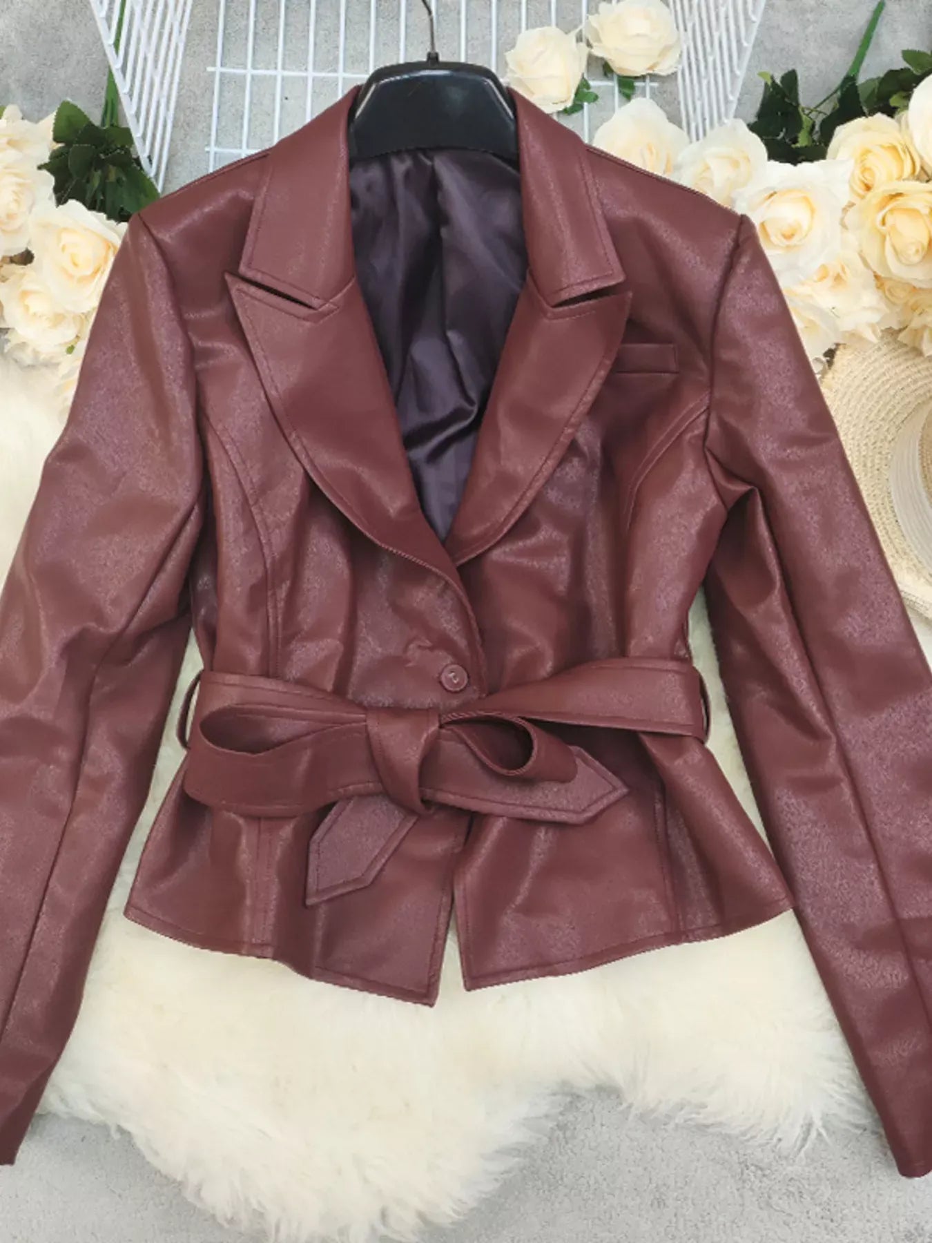 Trendsi Belted Faux Leather Blazer