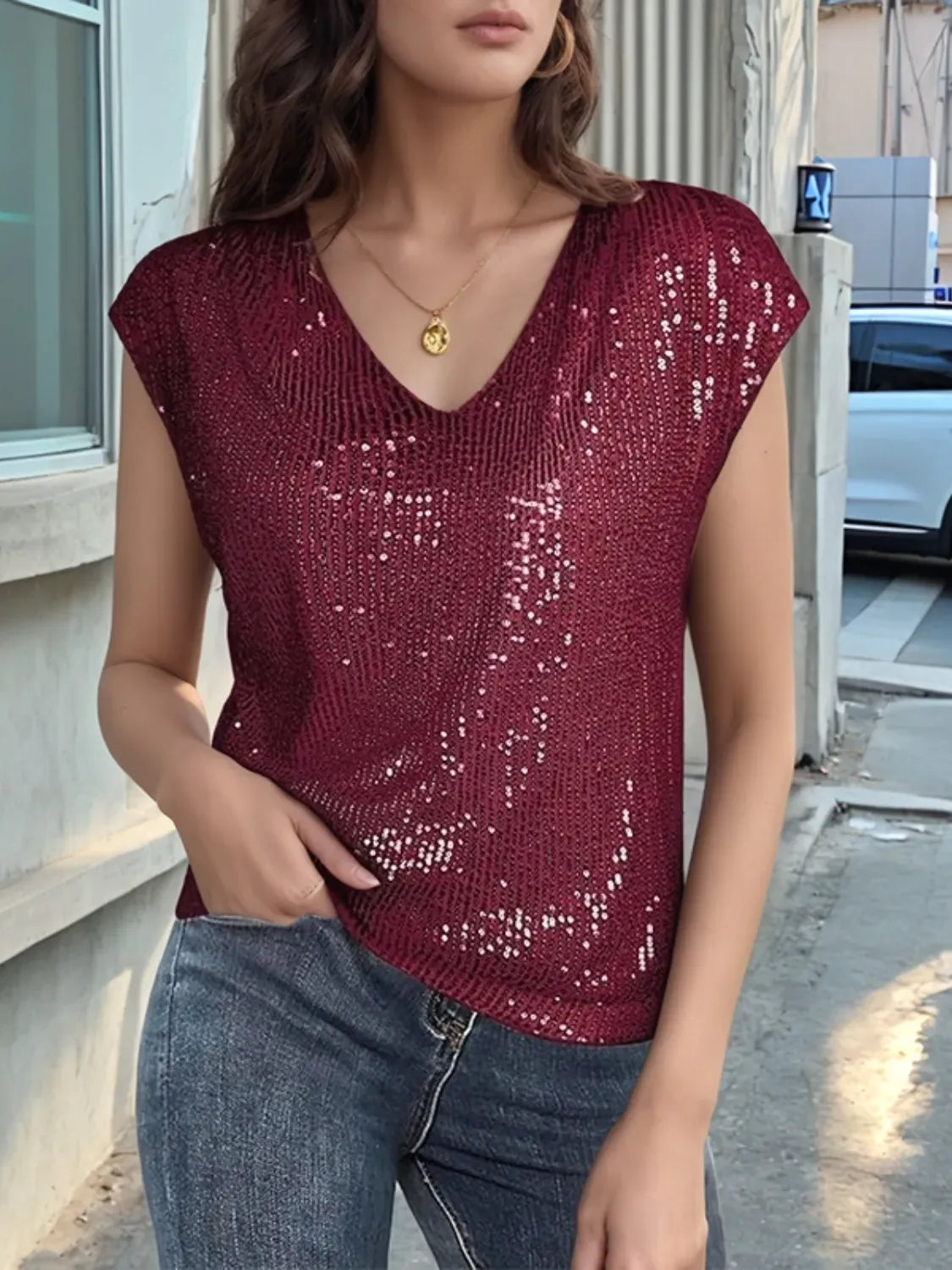 Trendsi Blouse Wine Red / S V-Neck Sequin Cap Sleeve Top