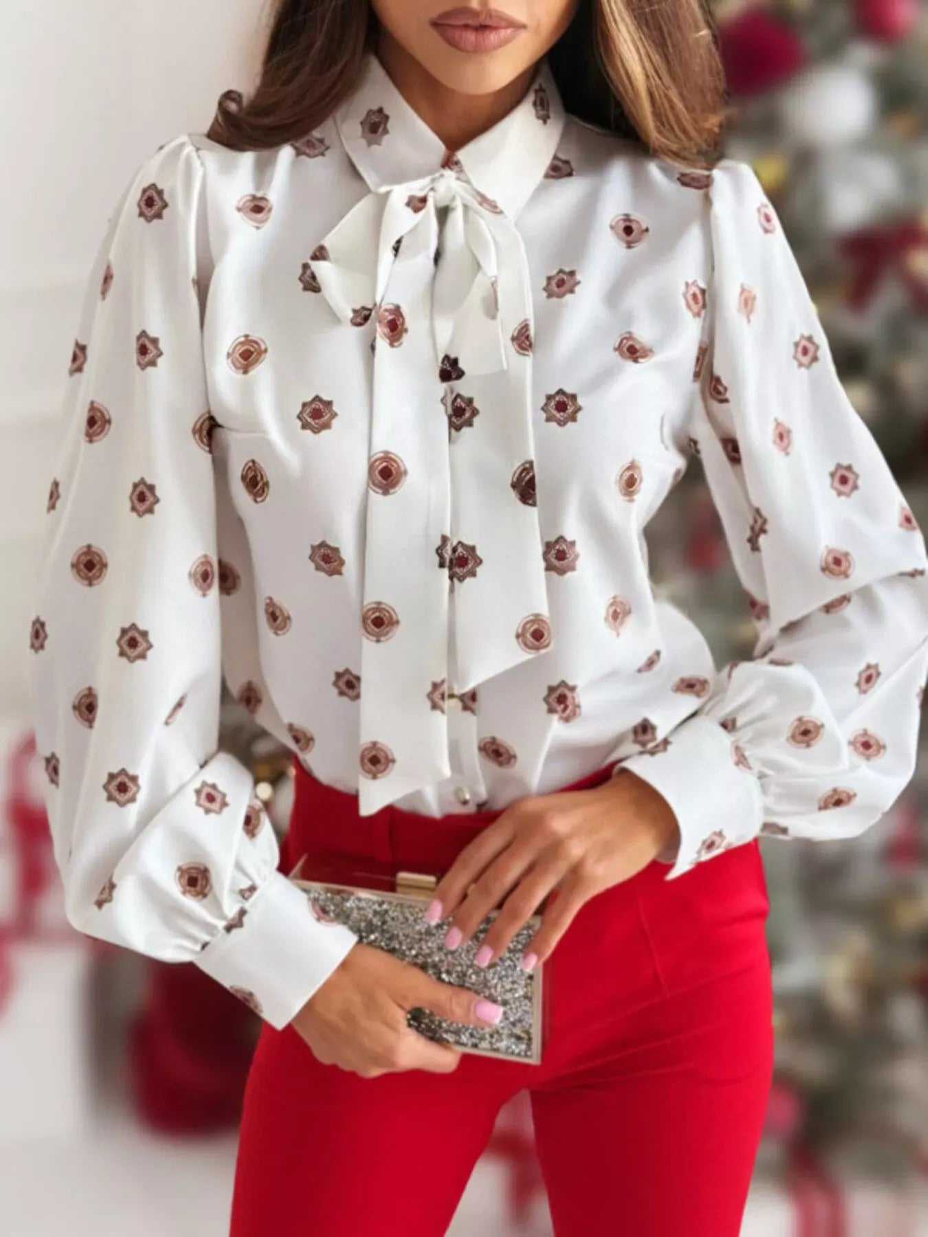 Trendsi Blouse White Flowers / S Tie Front Printed Long Sleeve Shirt