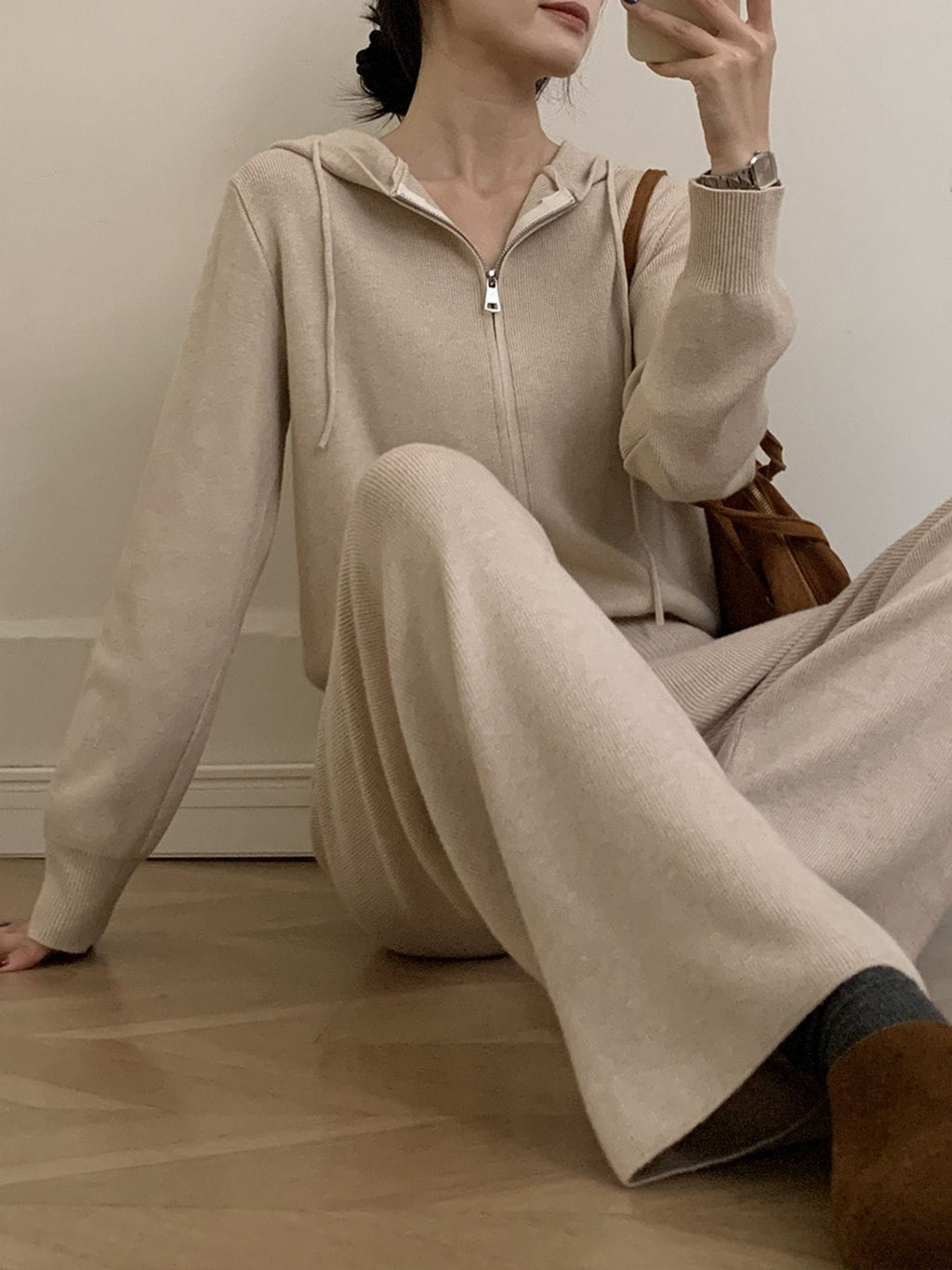 Trendsi Zip Up Cardigan and Drawstring Wide Leg Pants Knit Set