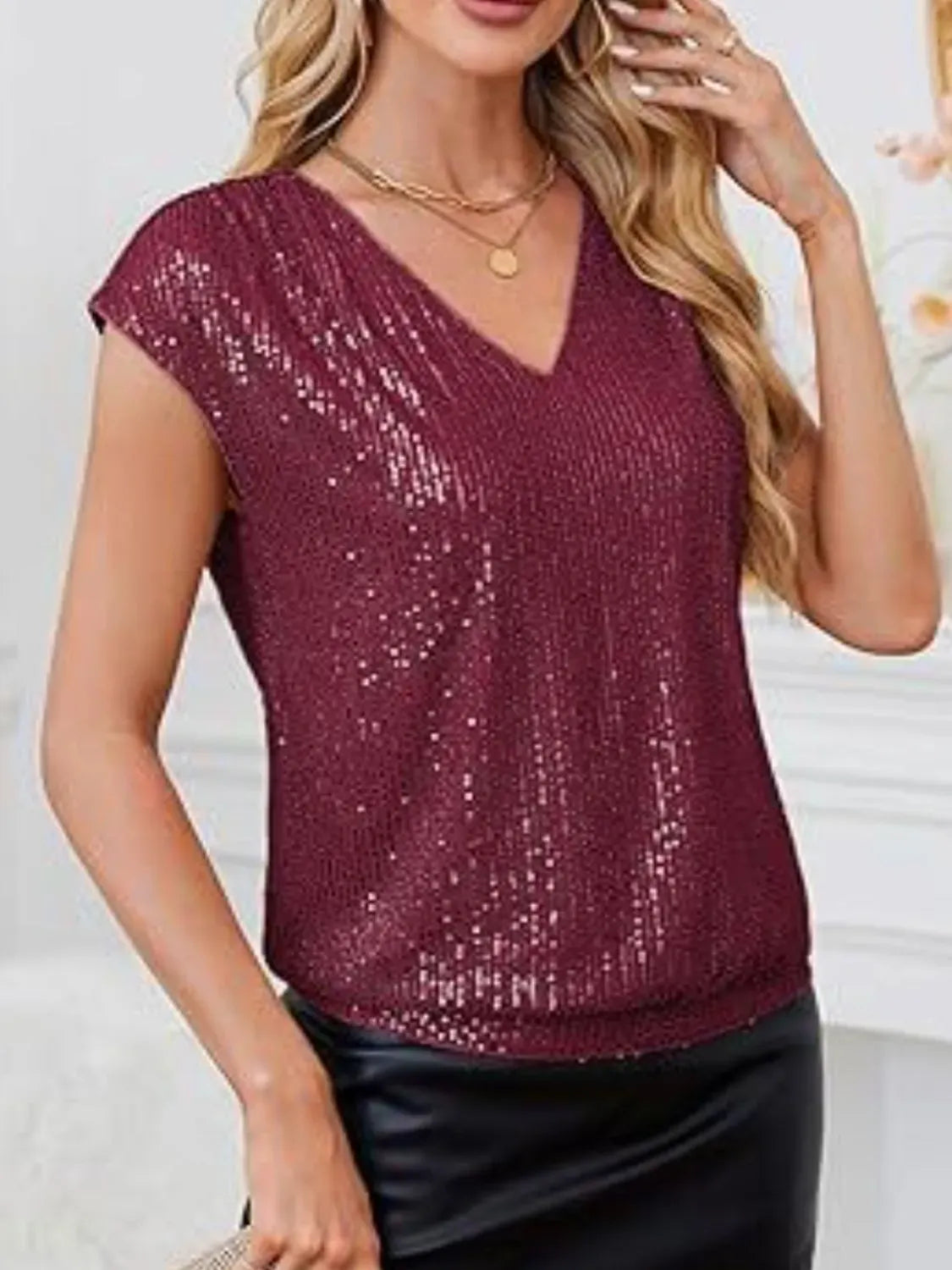 Trendsi Blouse V-Neck Sequin Cap Sleeve Top