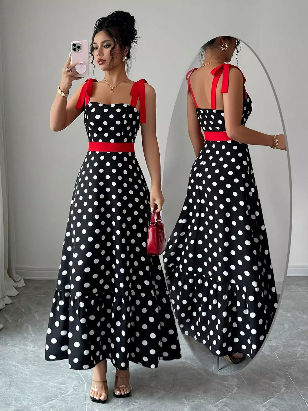 Trendsi Red / S Polka Dot Tie Strap Maxi Dress