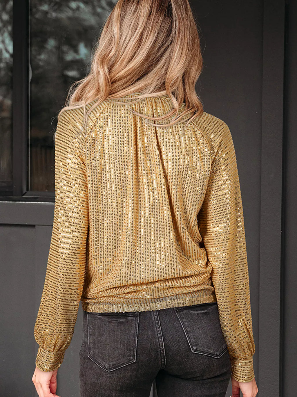 Trendsi Metallic Balloon Sleeve Buttoned High Neck Loose Blouse