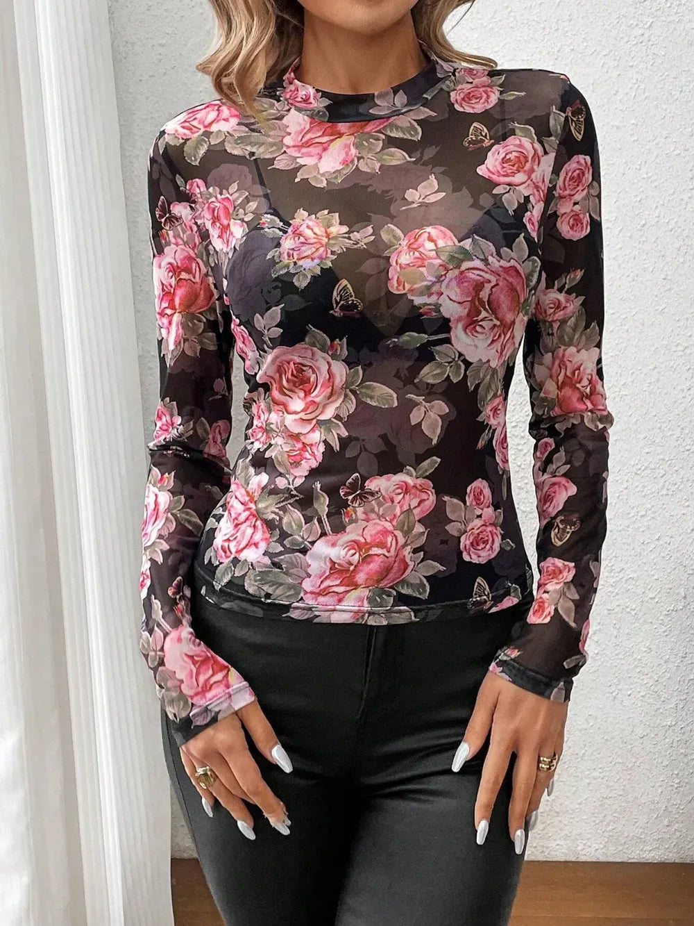 Trendsi Mesh Floral Mock Neck Long Sleeve Top