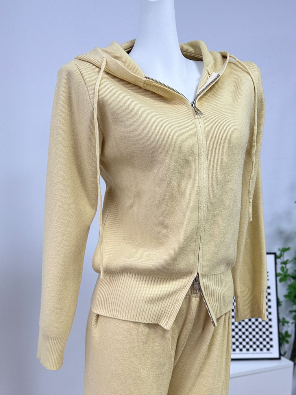 Trendsi Zip Up Cardigan and Drawstring Wide Leg Pants Knit Set