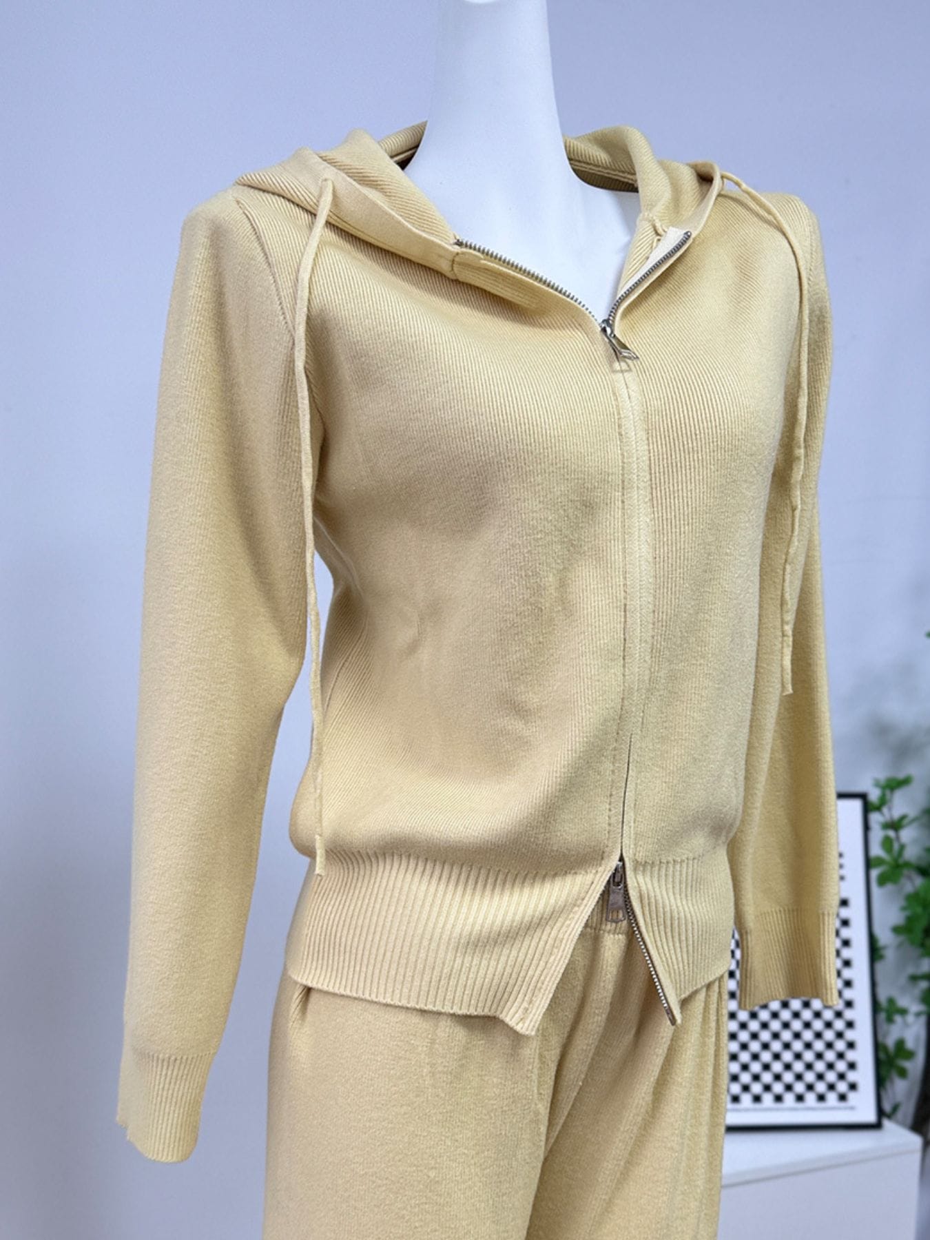 Trendsi Zip Up Cardigan and Drawstring Wide Leg Pants Knit Set