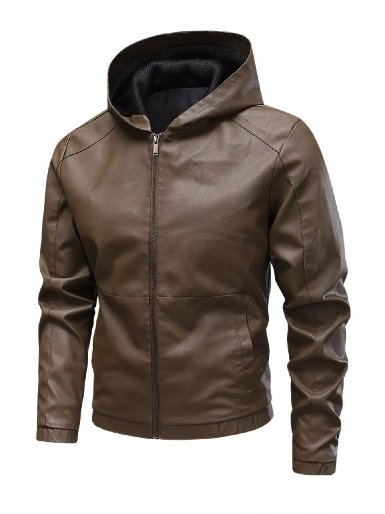 Trendsi Brown / XS Men's Hooded Faux Leather Moto Jacket