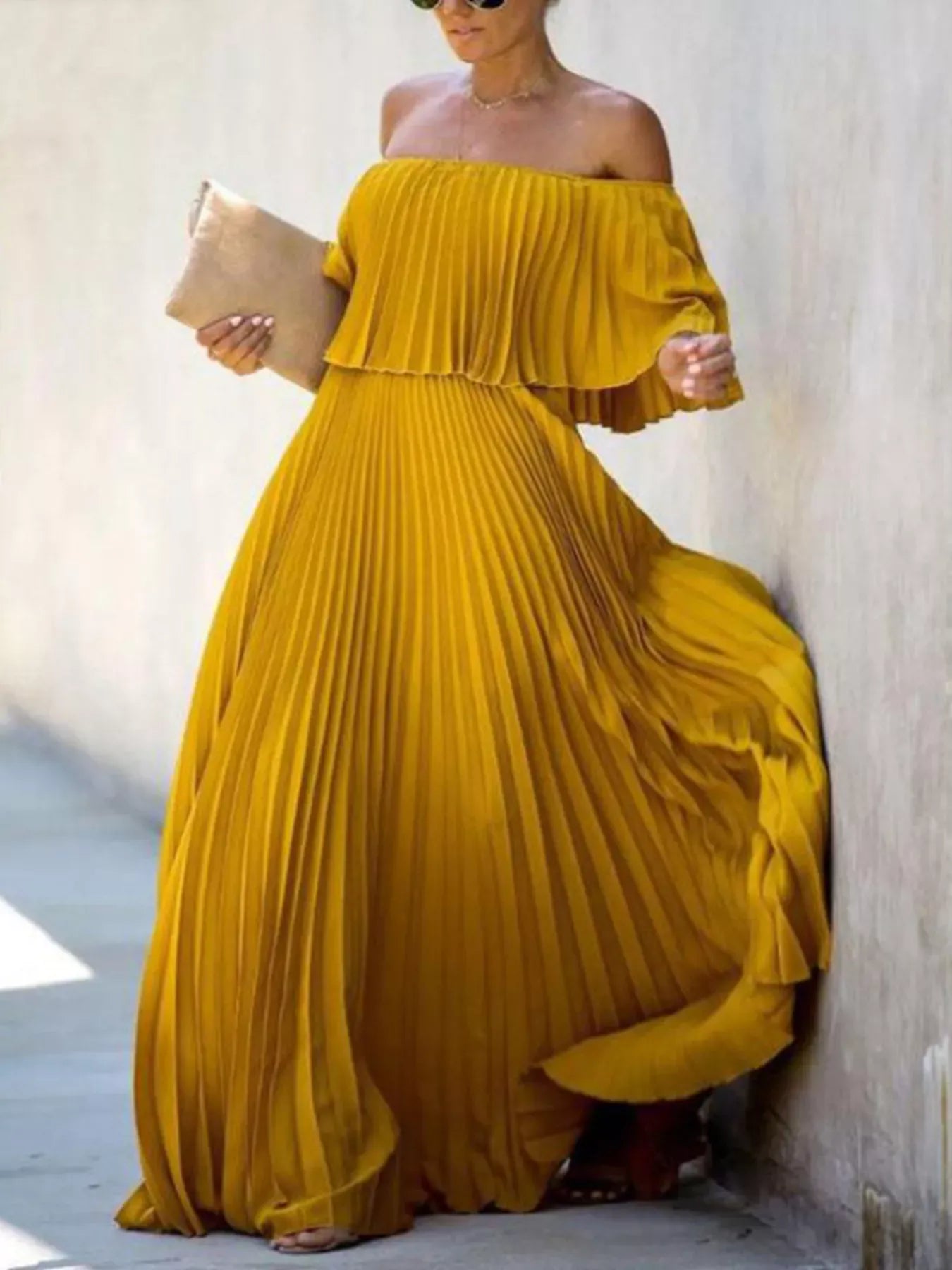 Trendsi dress Ginger Yellow / S Full Size Off-Shoulder Pleated Maxi Dress Plus Size