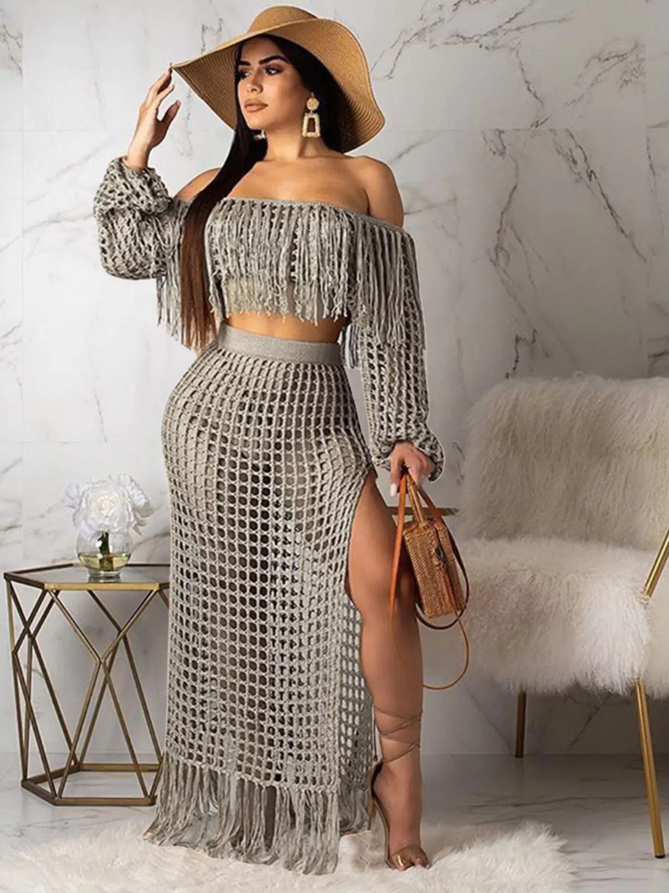 Trendsi Grey / S Full Size Crochet Off-Shoulder Fringe Top and Skirt Set Plus Size