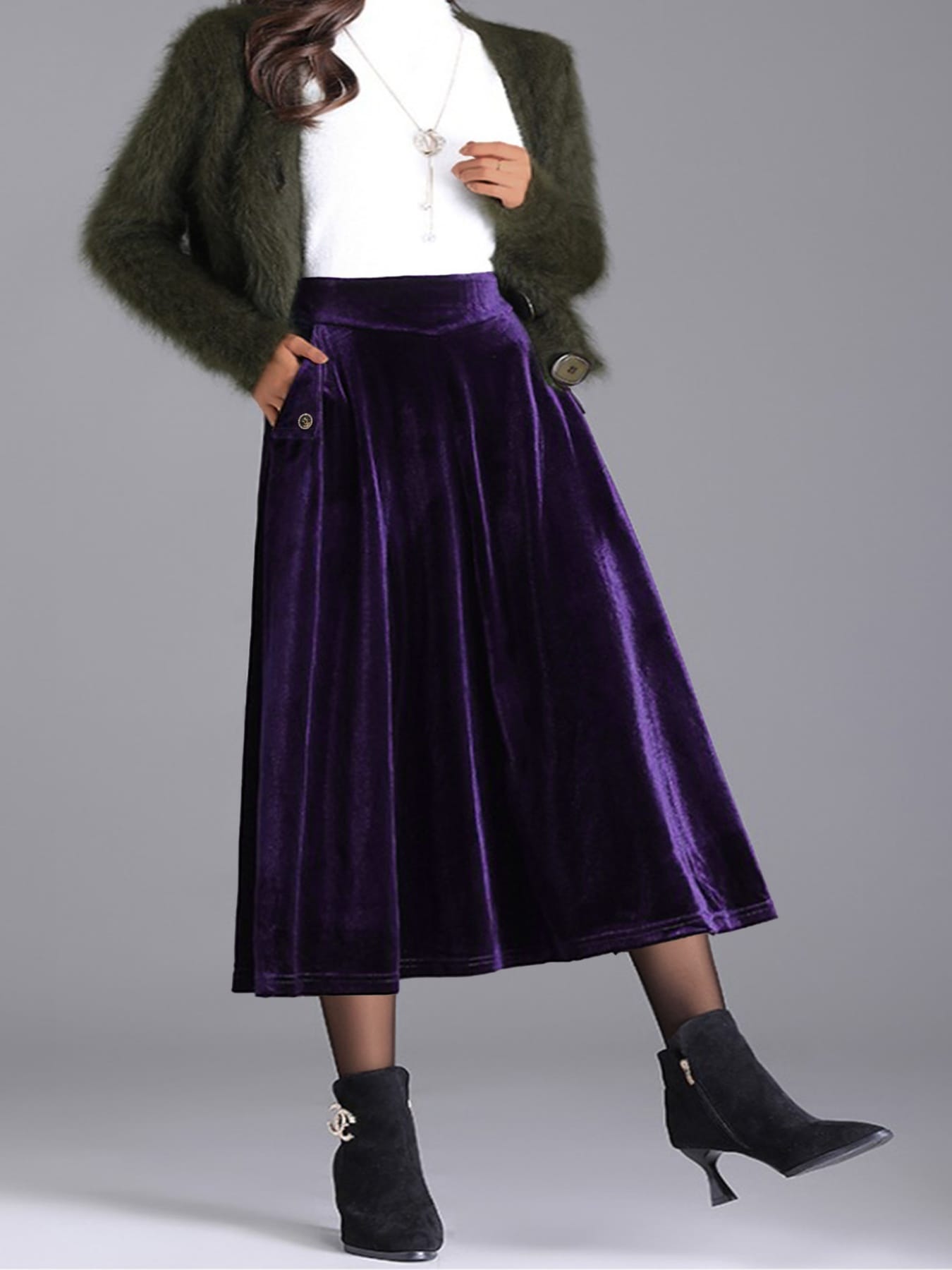 Trendsi Skirt Plus Size Elegant Velvet A-Line Midi Skirt
