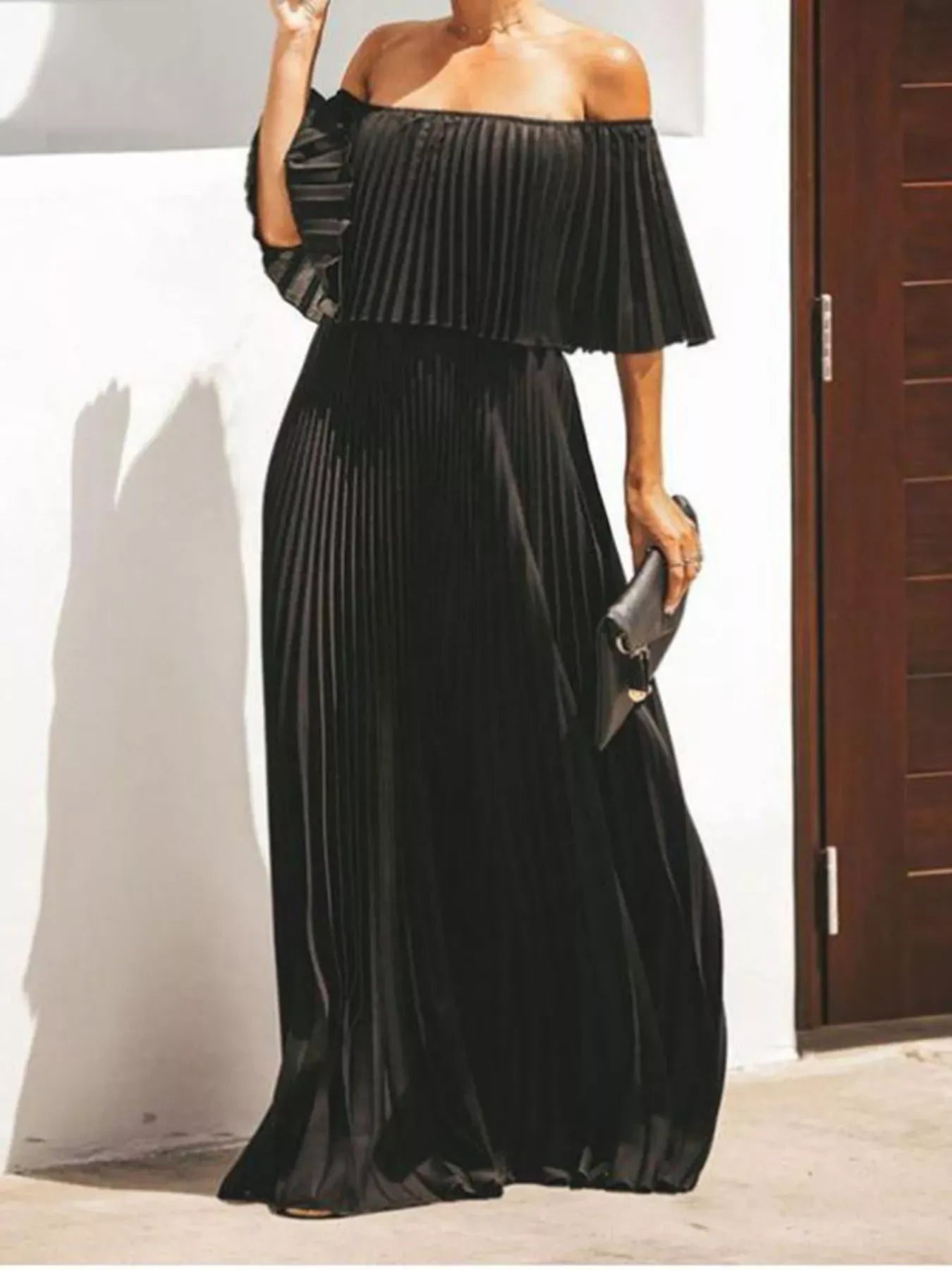 Trendsi dress Black / S Full Size Off-Shoulder Pleated Maxi Dress Plus Size