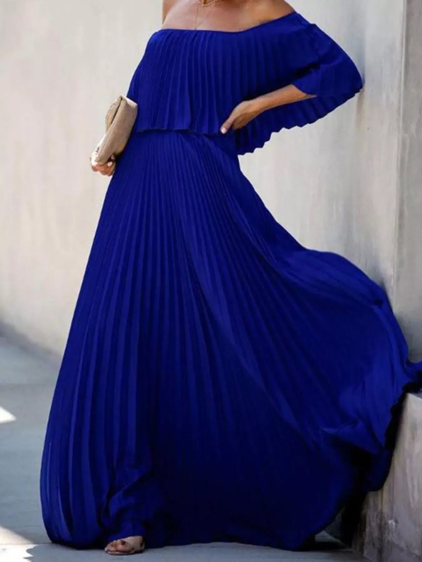 Trendsi dress Sapphire Blue / S Full Size Off-Shoulder Pleated Maxi Dress Plus Size