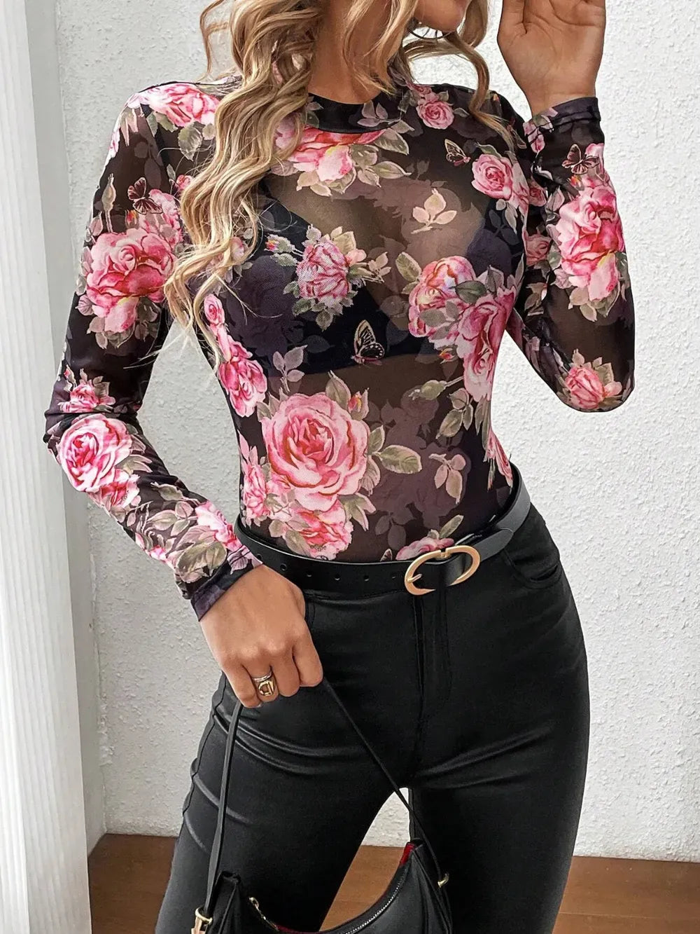 Trendsi Mesh Floral Mock Neck Long Sleeve Top