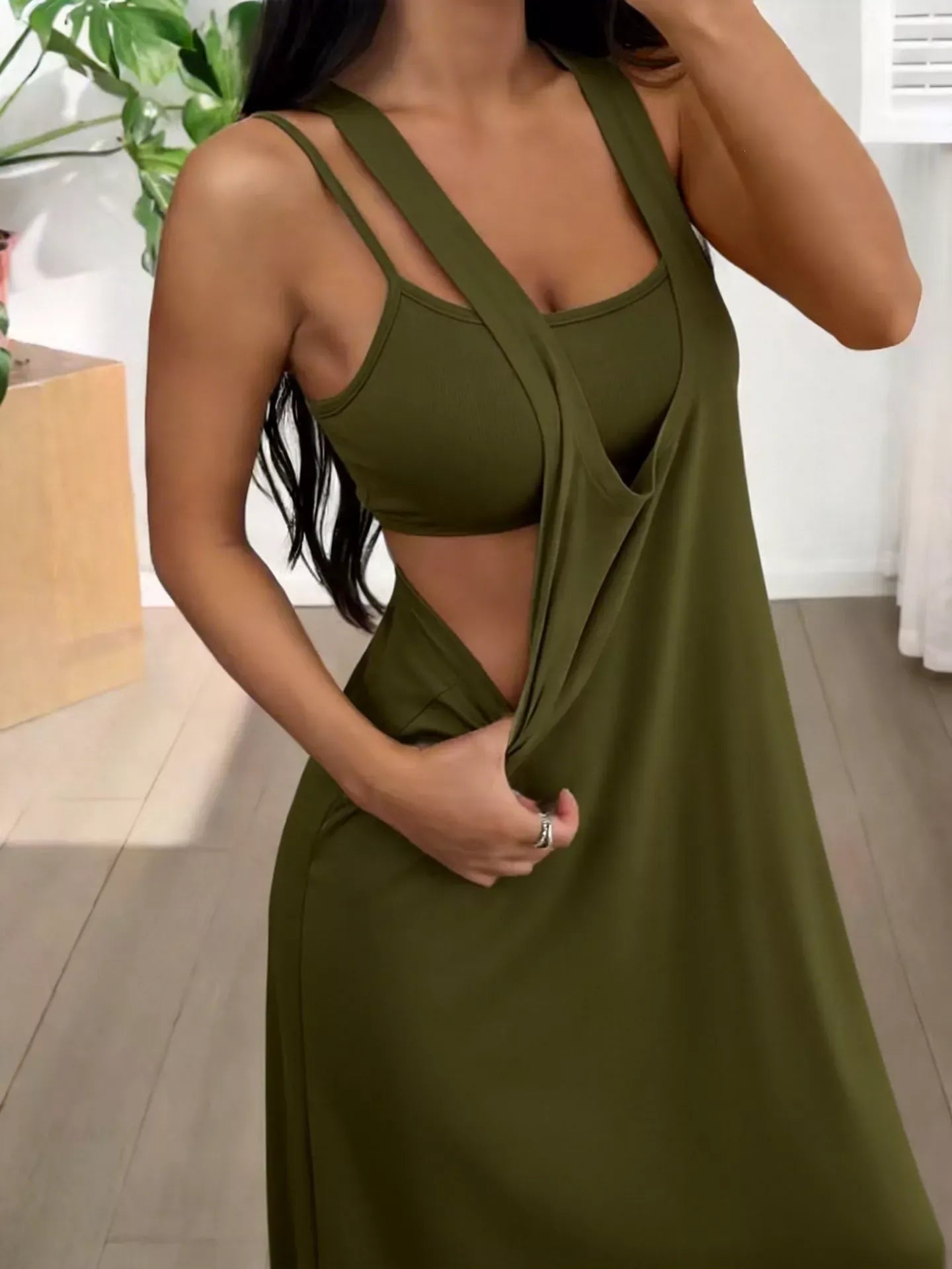 Trendsi Army Green / S Scoop Neck Cami and Maxi Dress Set