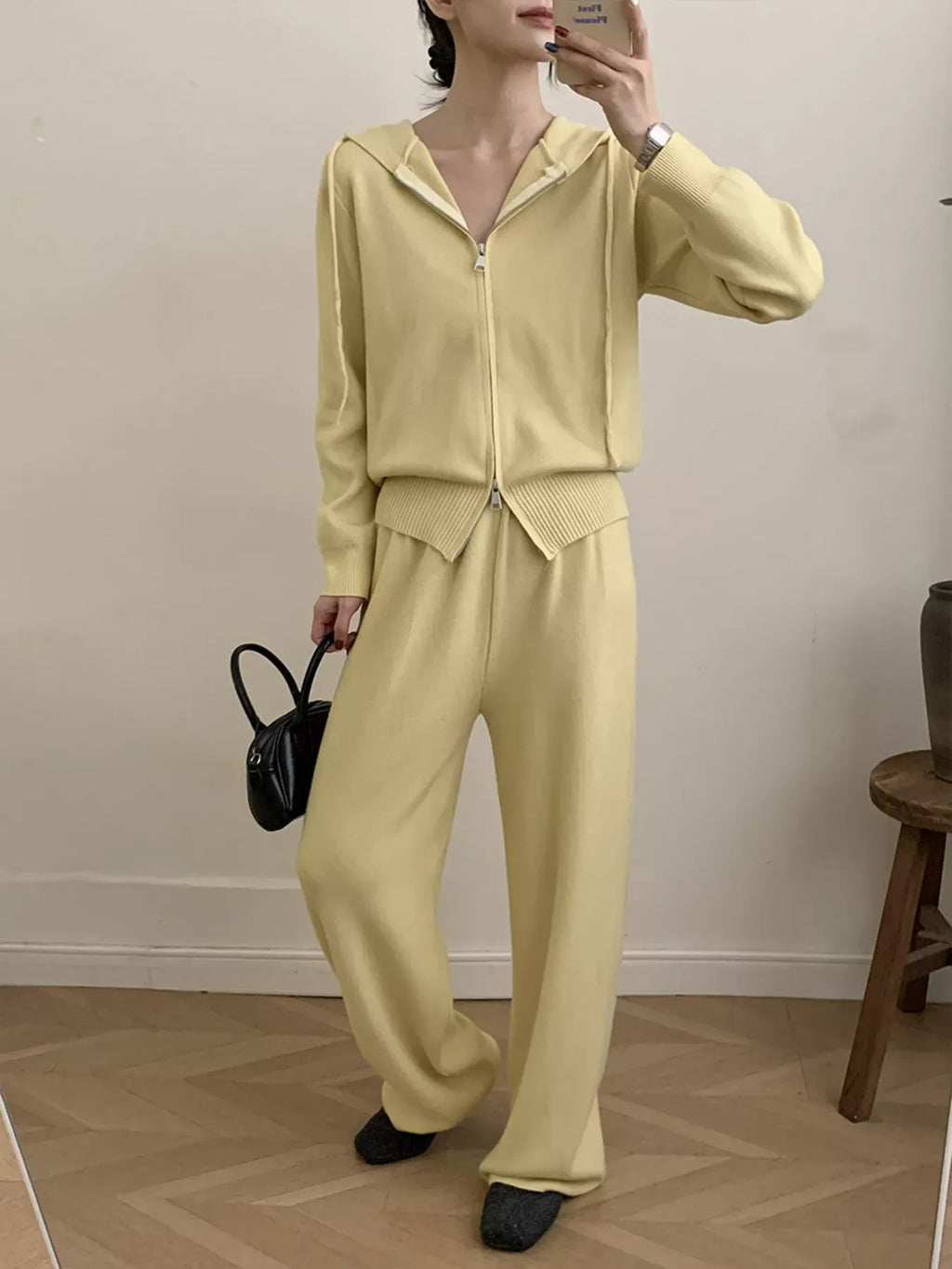 Trendsi Zip Up Cardigan and Drawstring Wide Leg Pants Knit Set