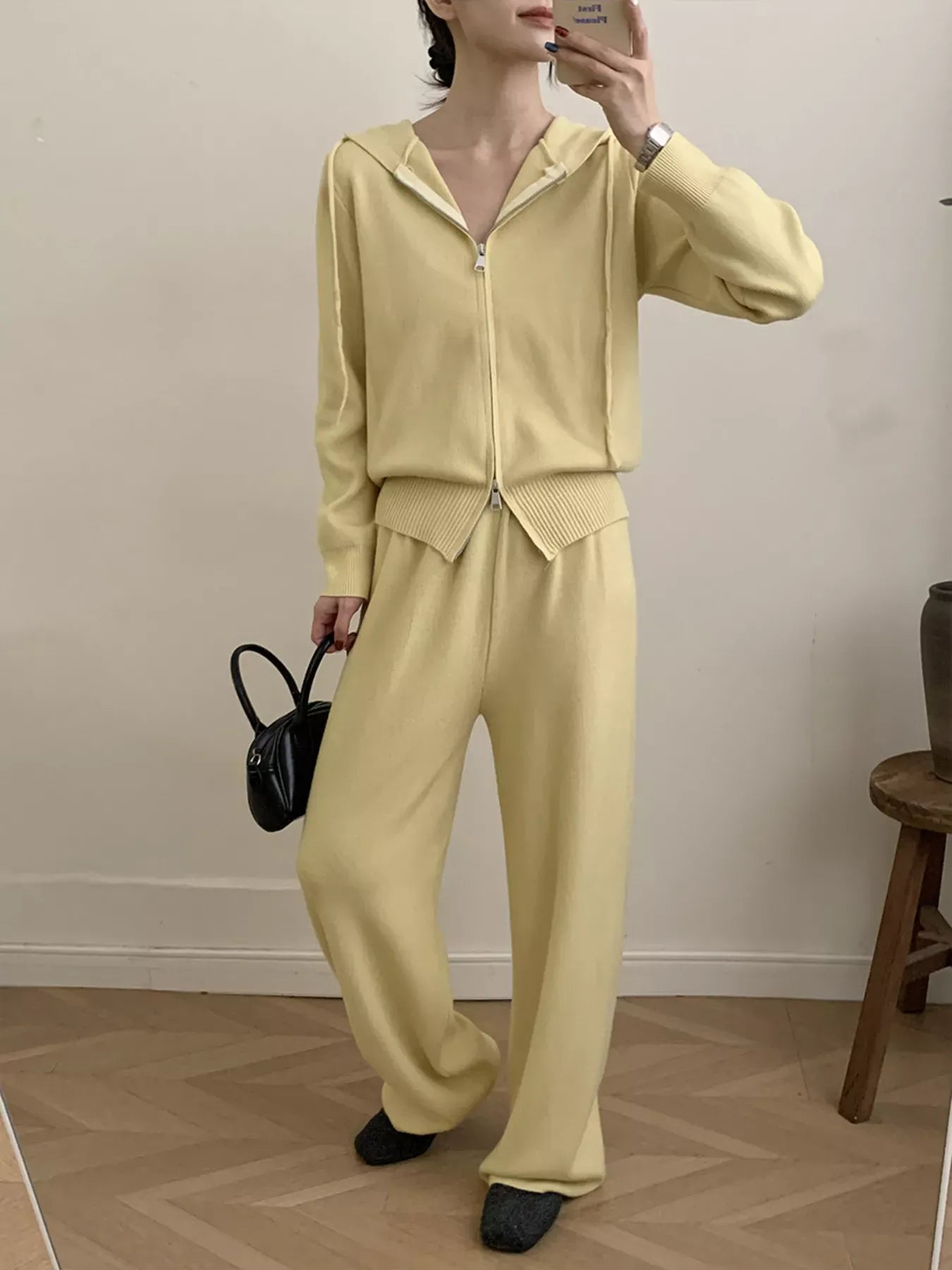 Trendsi Zip Up Cardigan and Drawstring Wide Leg Pants Knit Set