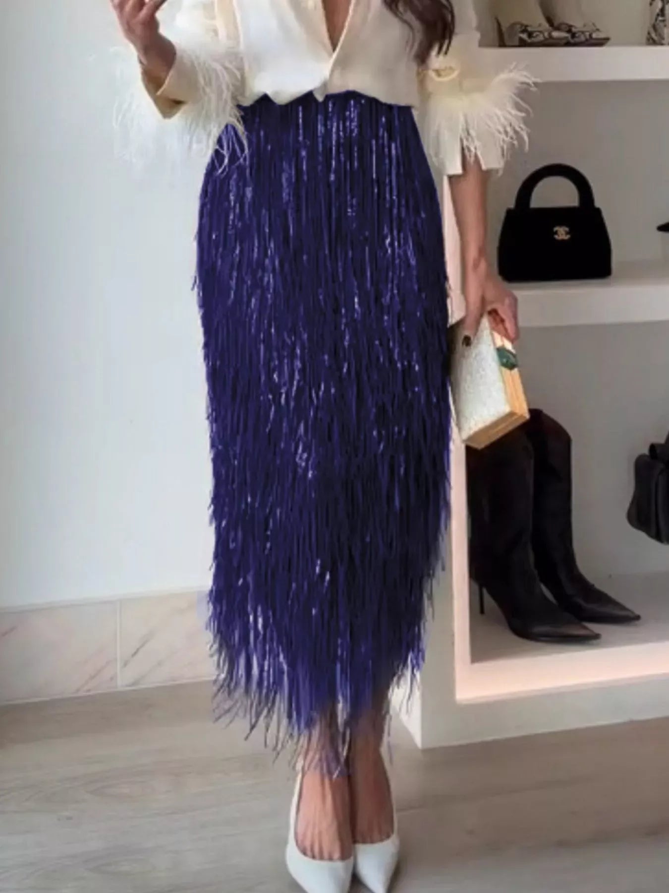 Trendsi Blue-Skirt / S Fringe Long Sleeve Shirt & Skirt Set