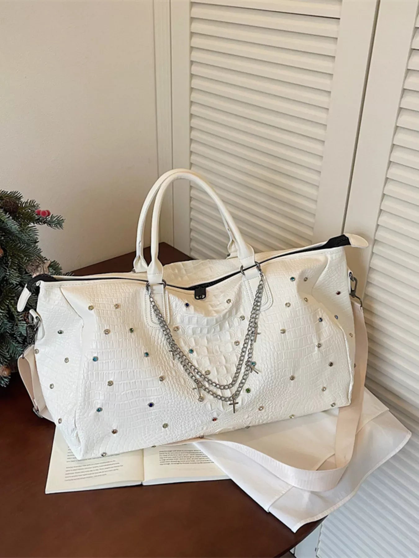 Trendsi Ivory / One Size Studded Large Capacity Travel Bag
