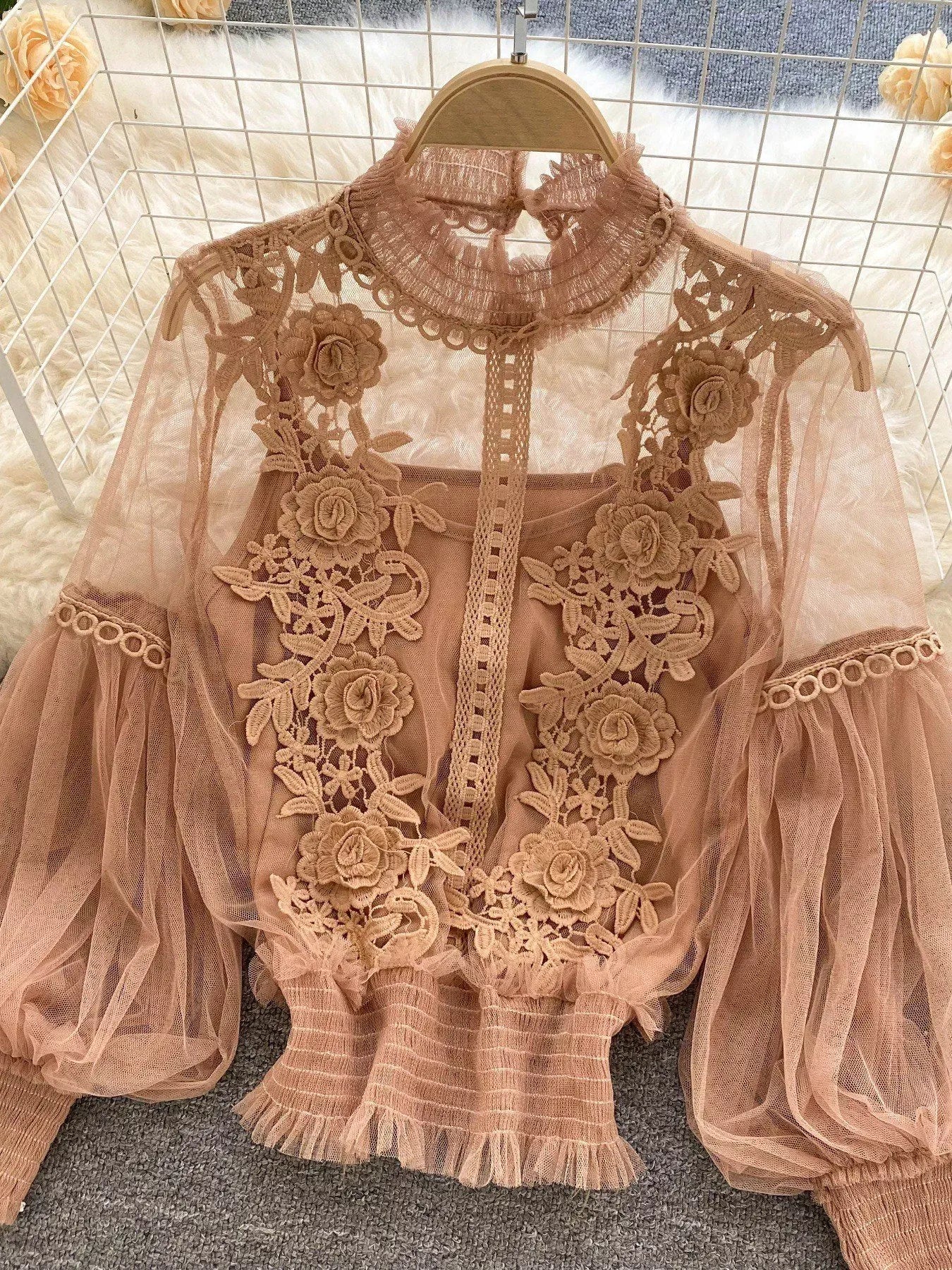 Trendsi Light Brown / One Size Floral Lace Blouse & Cami Set