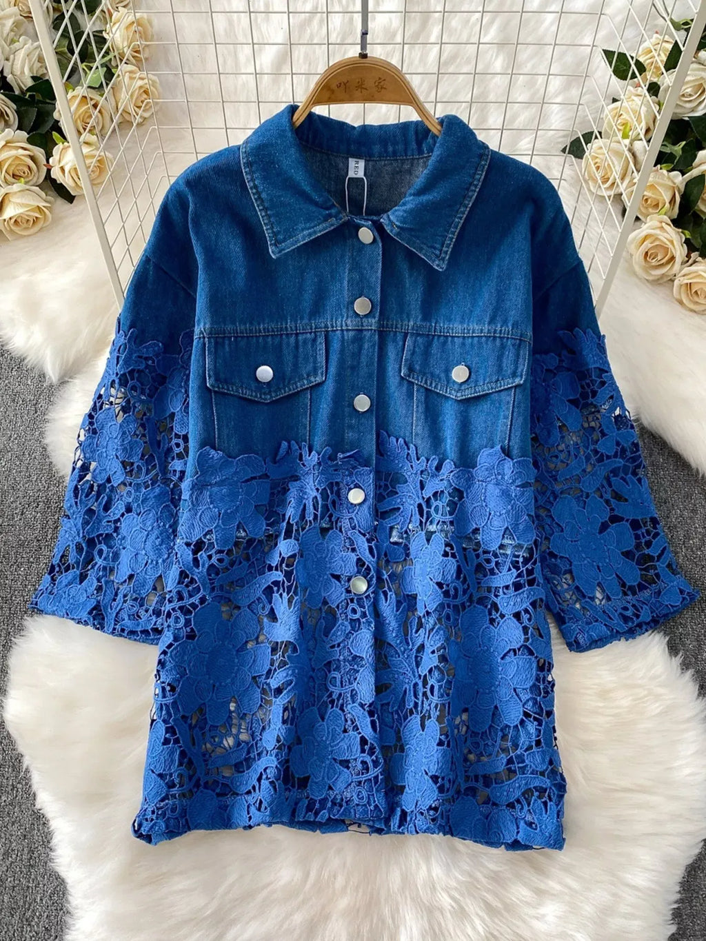 Trendsi Lace Patchwork Shacket and Pants Set