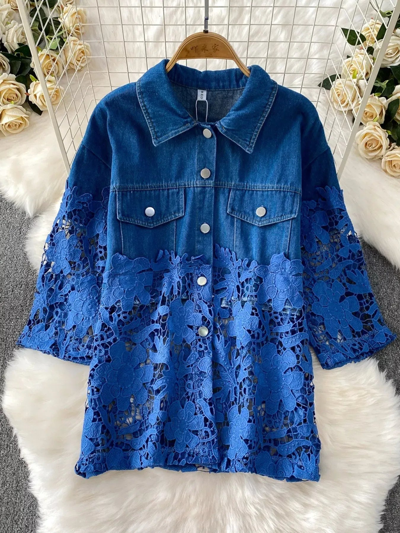 Trendsi Lace Patchwork Shacket and Pants Set