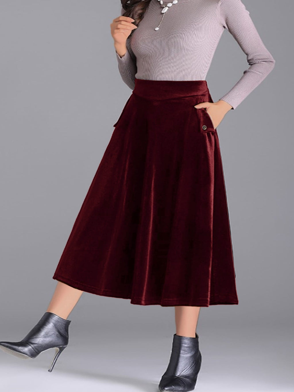 Trendsi Skirt Plus Size Elegant Velvet A-Line Midi Skirt