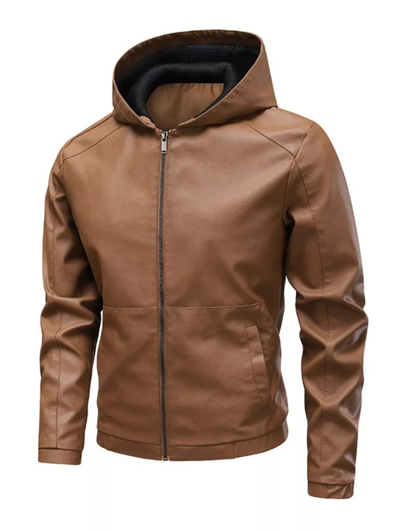 Trendsi Light Brown / XS Men's Hooded Faux Leather Moto Jacket