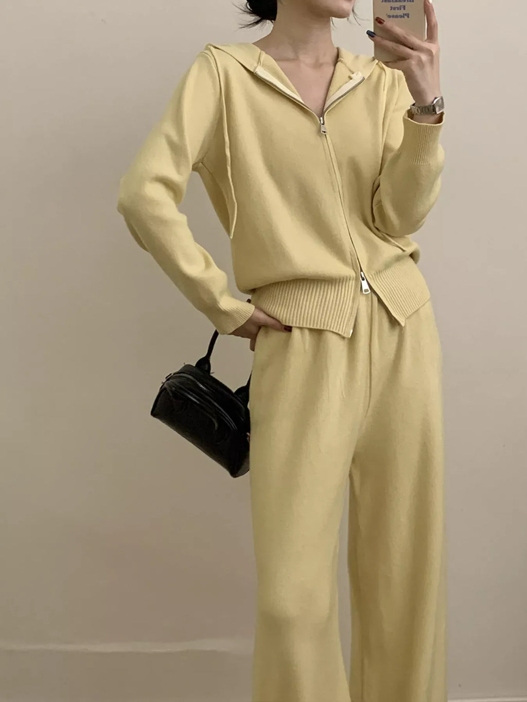 Trendsi Zip Up Cardigan and Drawstring Wide Leg Pants Knit Set
