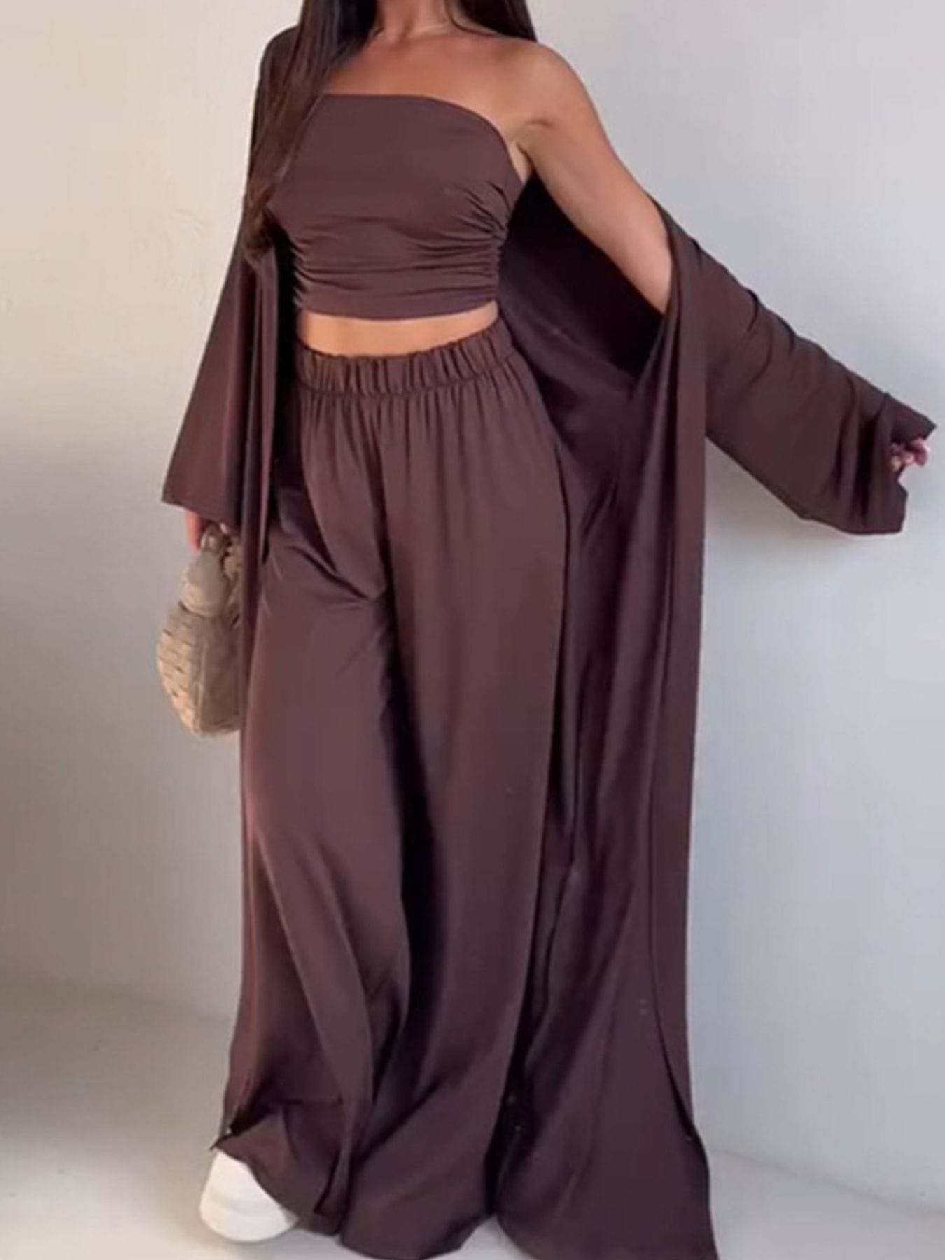 Trendsi Dark Brown / S Tube Top & Cardigan & Pants Three Piece Set