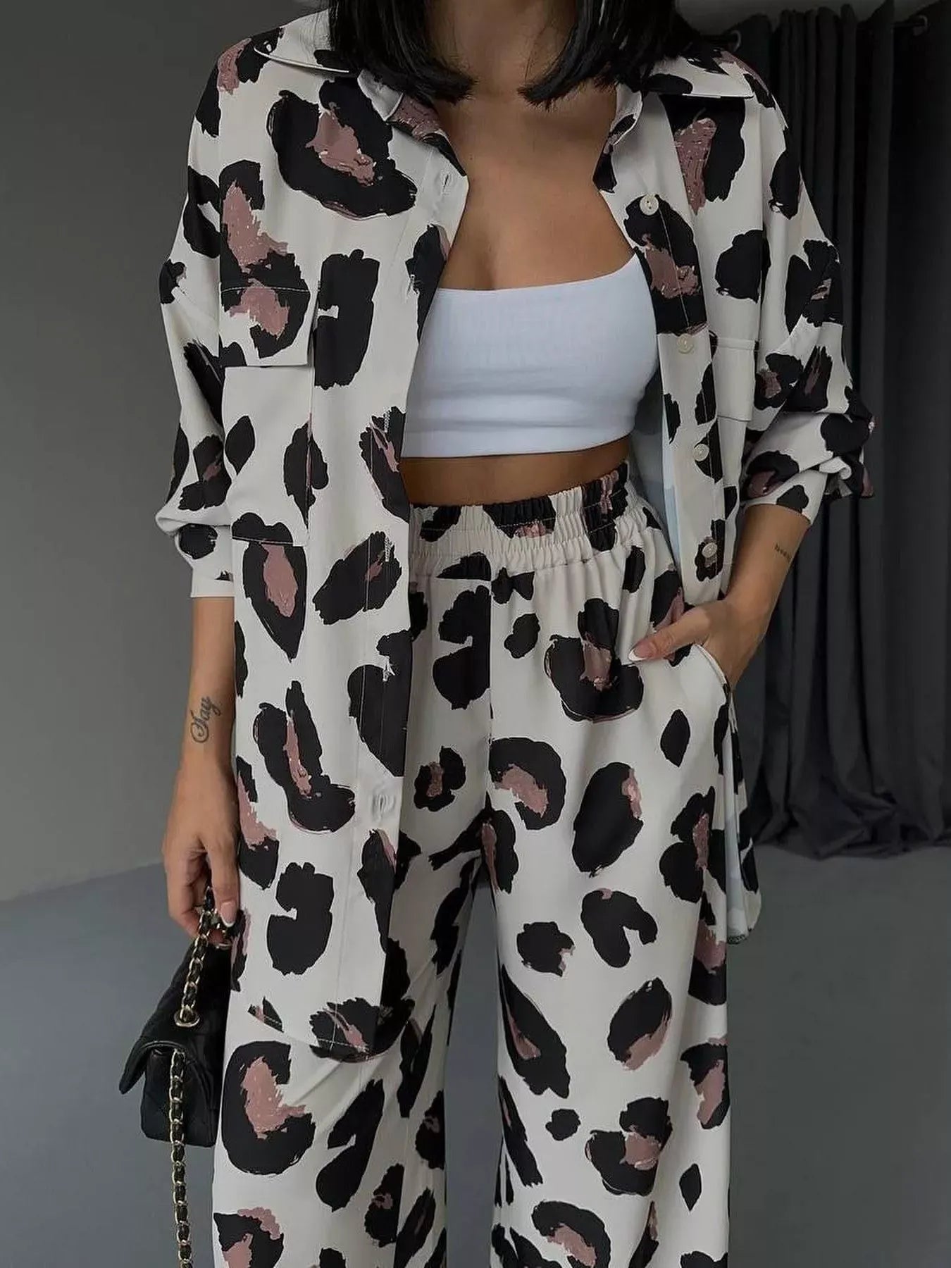 Trendsi Leopard Print Relaxed Fit Shirt and Pants Two-Piece Set