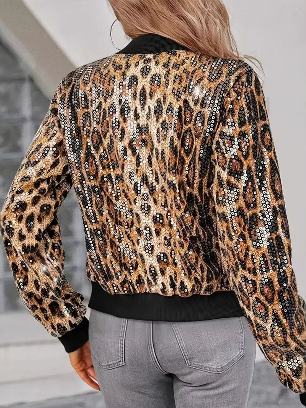 Trendsi Sequin Leopard Zip Up Jacket