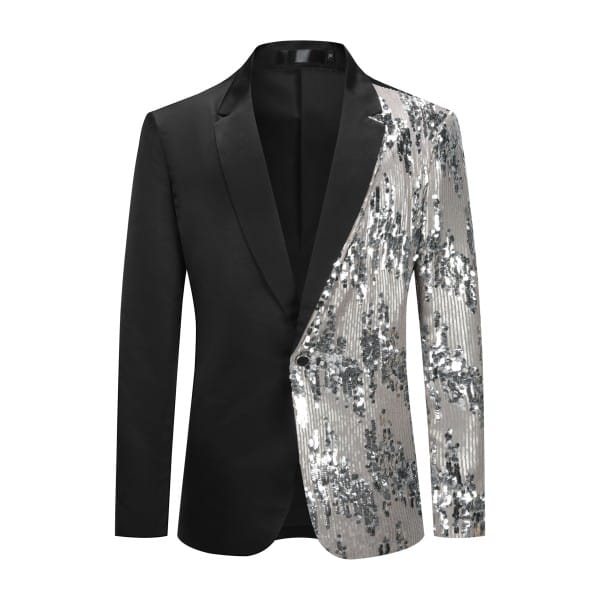 Cloud Style Silver / L Mens Sliver Sequin Patchwork Tuxedo Jacket