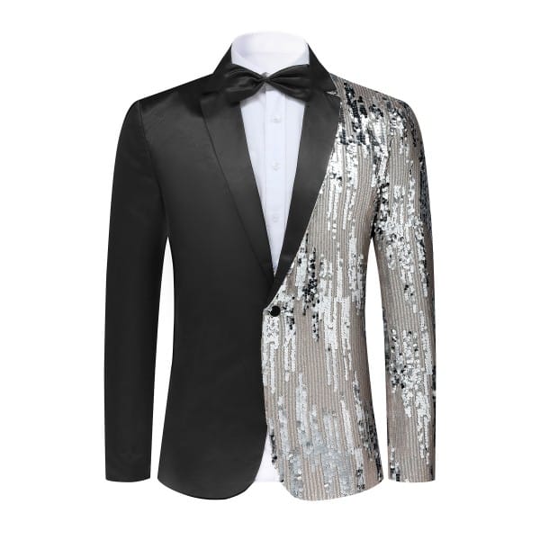 Cloud Style Silver / L Mens Sliver Sequin Patchwork Tuxedo Jacket