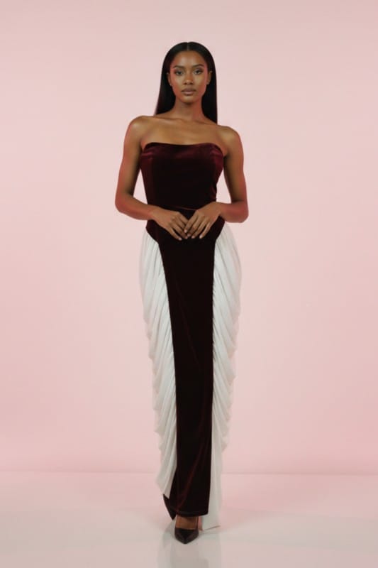 Athina BURGUNDY / XL Strapless Velvet & Chiffon Contrast Gown