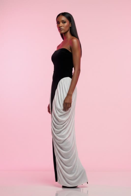 Athina Strapless Velvet & Chiffon Contrast Gown