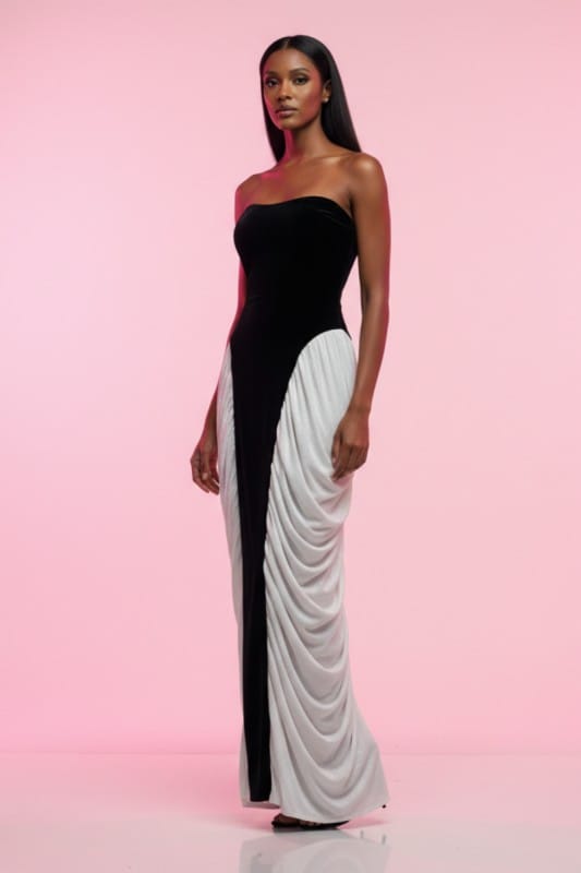 Athina Strapless Velvet & Chiffon Contrast Gown