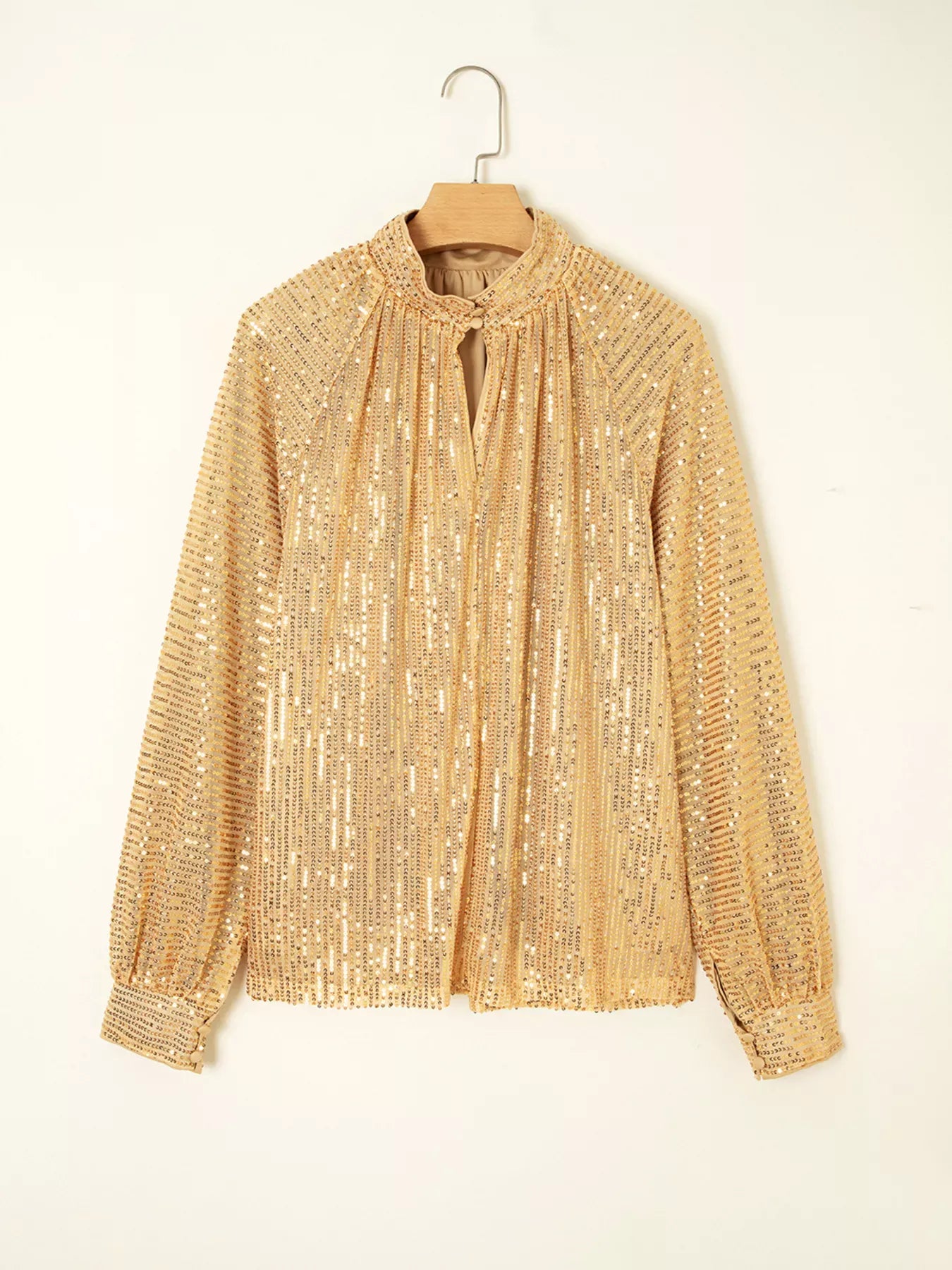Trendsi Metallic Balloon Sleeve Buttoned High Neck Loose Blouse