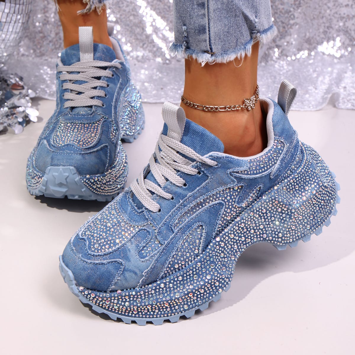 Trendsi Blue / 35 Rhinestone Lace Up Sneaker