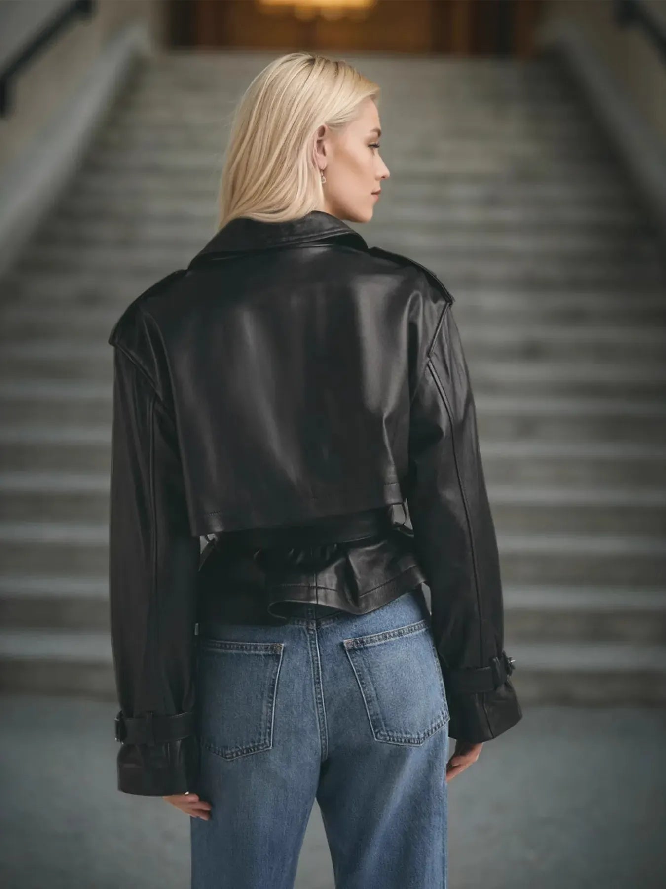 Trendsi Leather Belted Trench Jacket