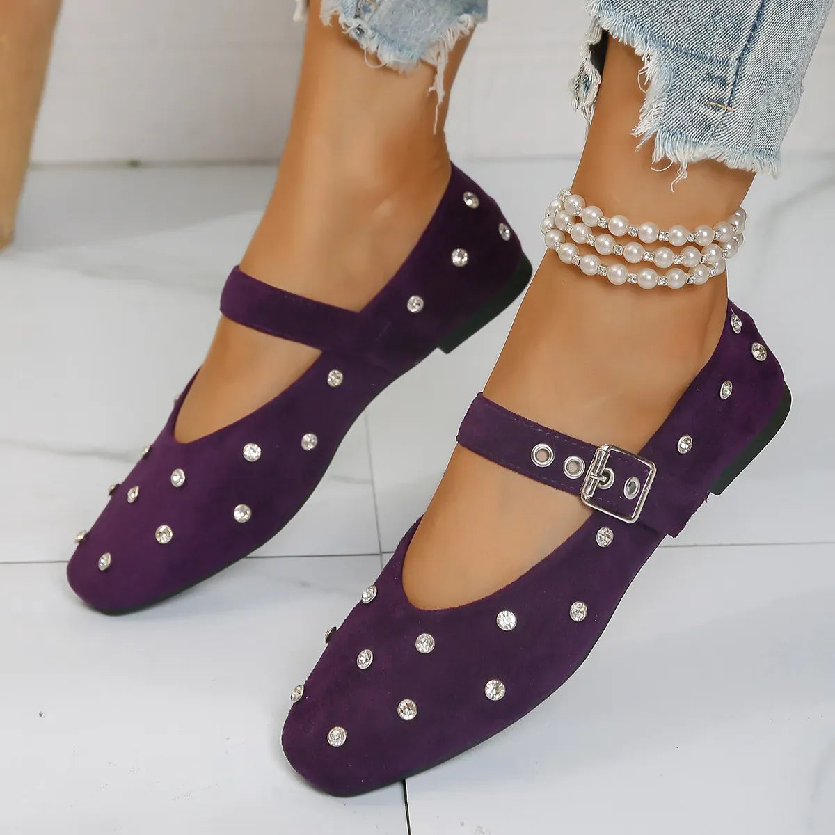 Trendsi Purple / 35 Rhinestone Buckle Flat Mary Jane Loafers