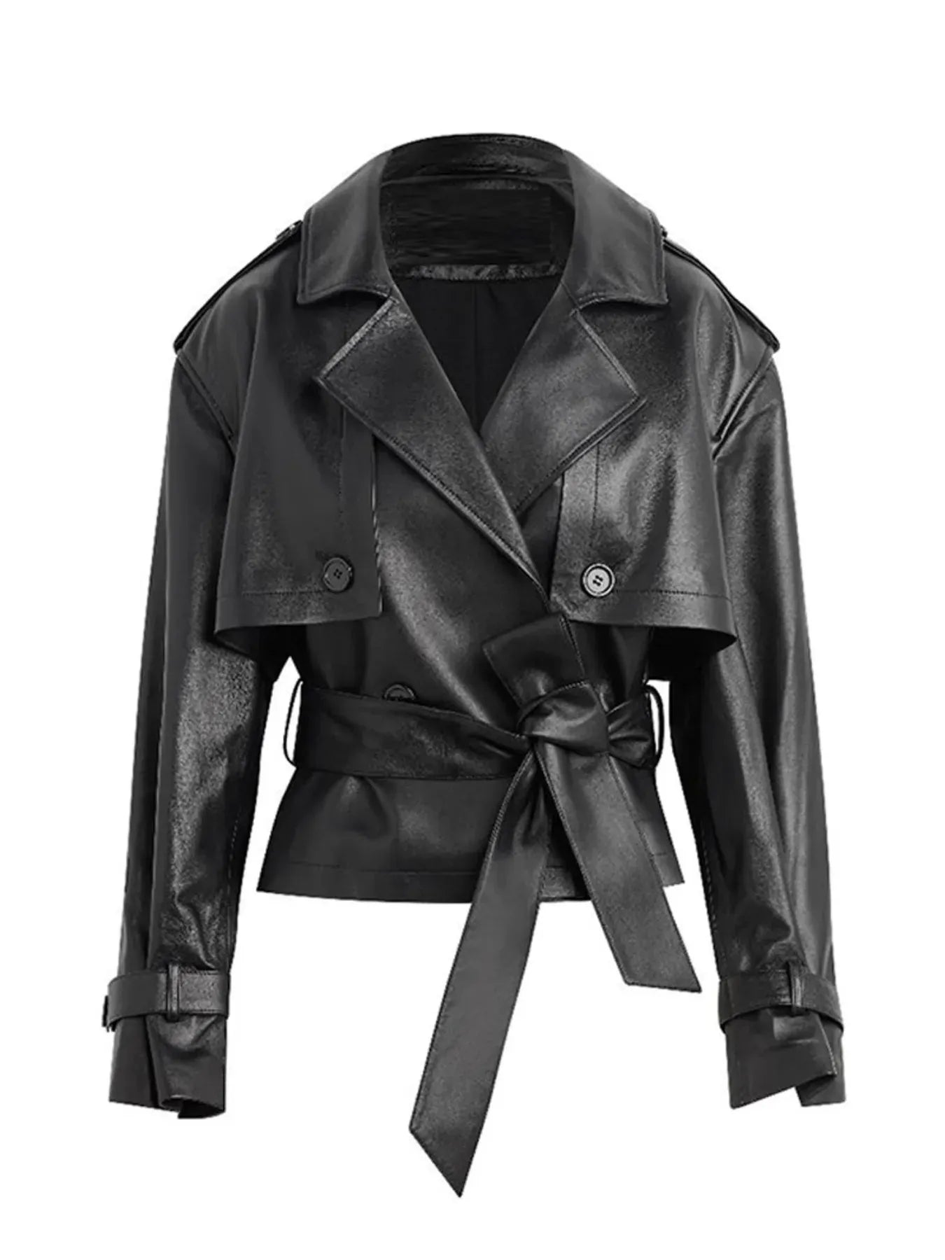 Trendsi Leather Belted Trench Jacket
