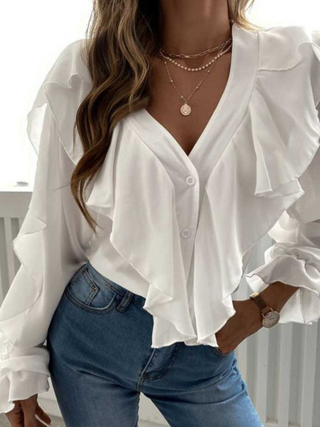 Trendsi White / S Full Size Ruffle Trim V-Neck Shirt Plus Size