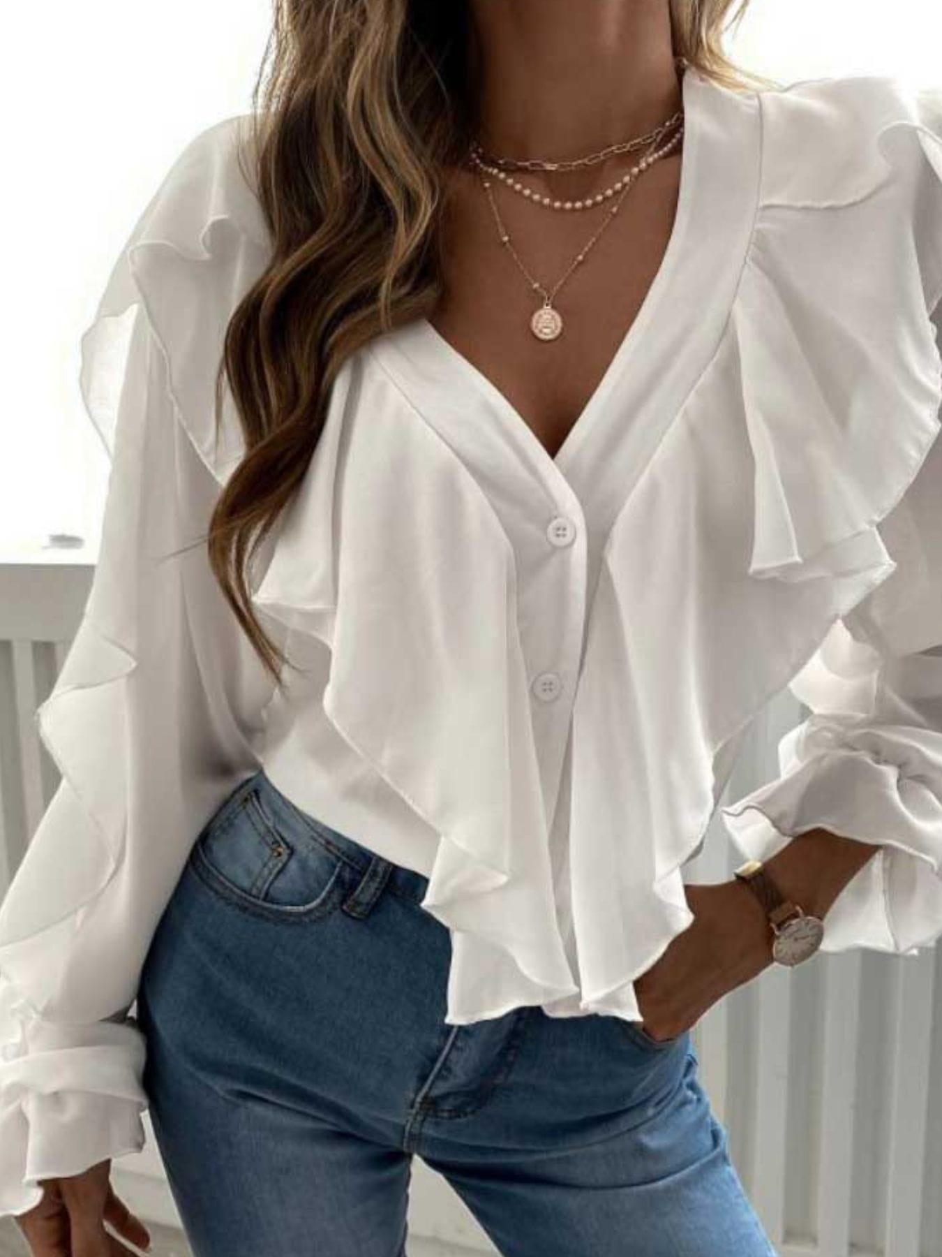 Trendsi White / S Full Size Ruffle Trim V-Neck Shirt Plus Size