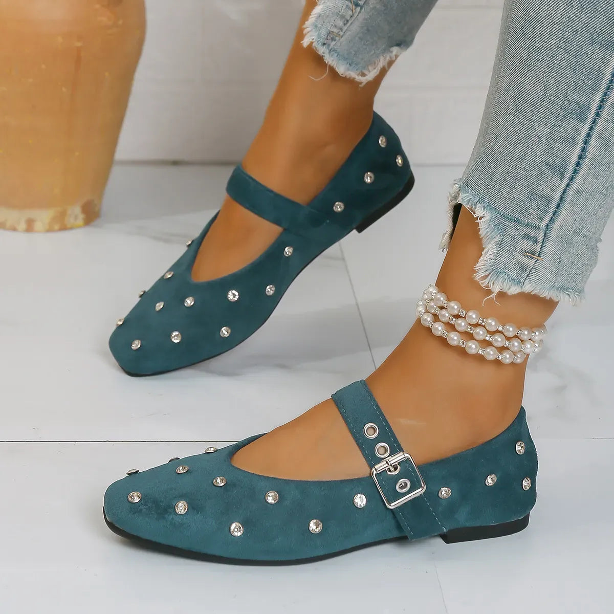 Trendsi Navy / 35 Rhinestone Buckle Flat Mary Jane Loafers