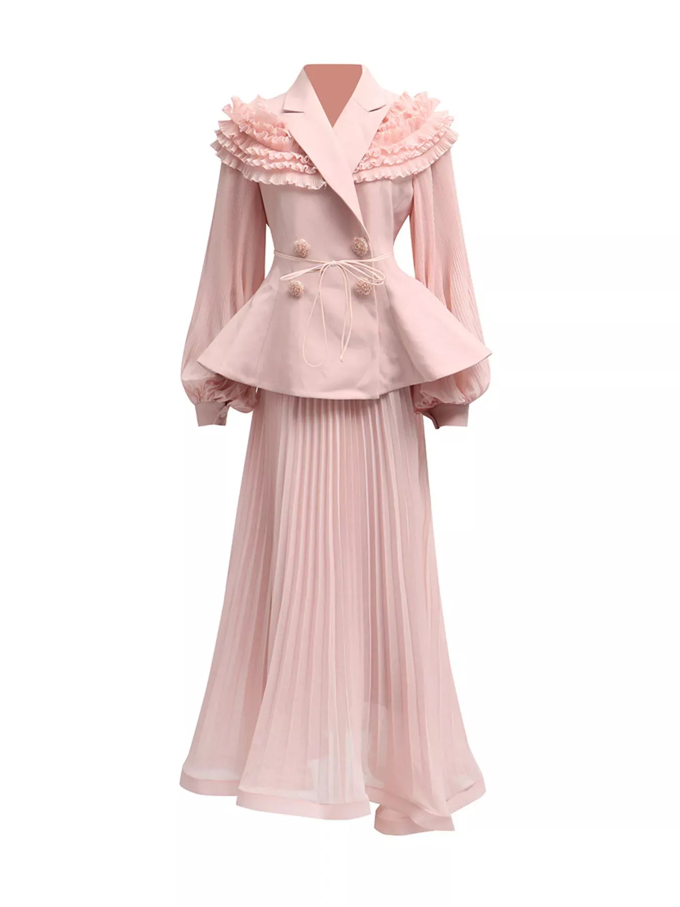 Trendsi Pink / S Frill Lapel Collar Top and Pleated Skirt Set