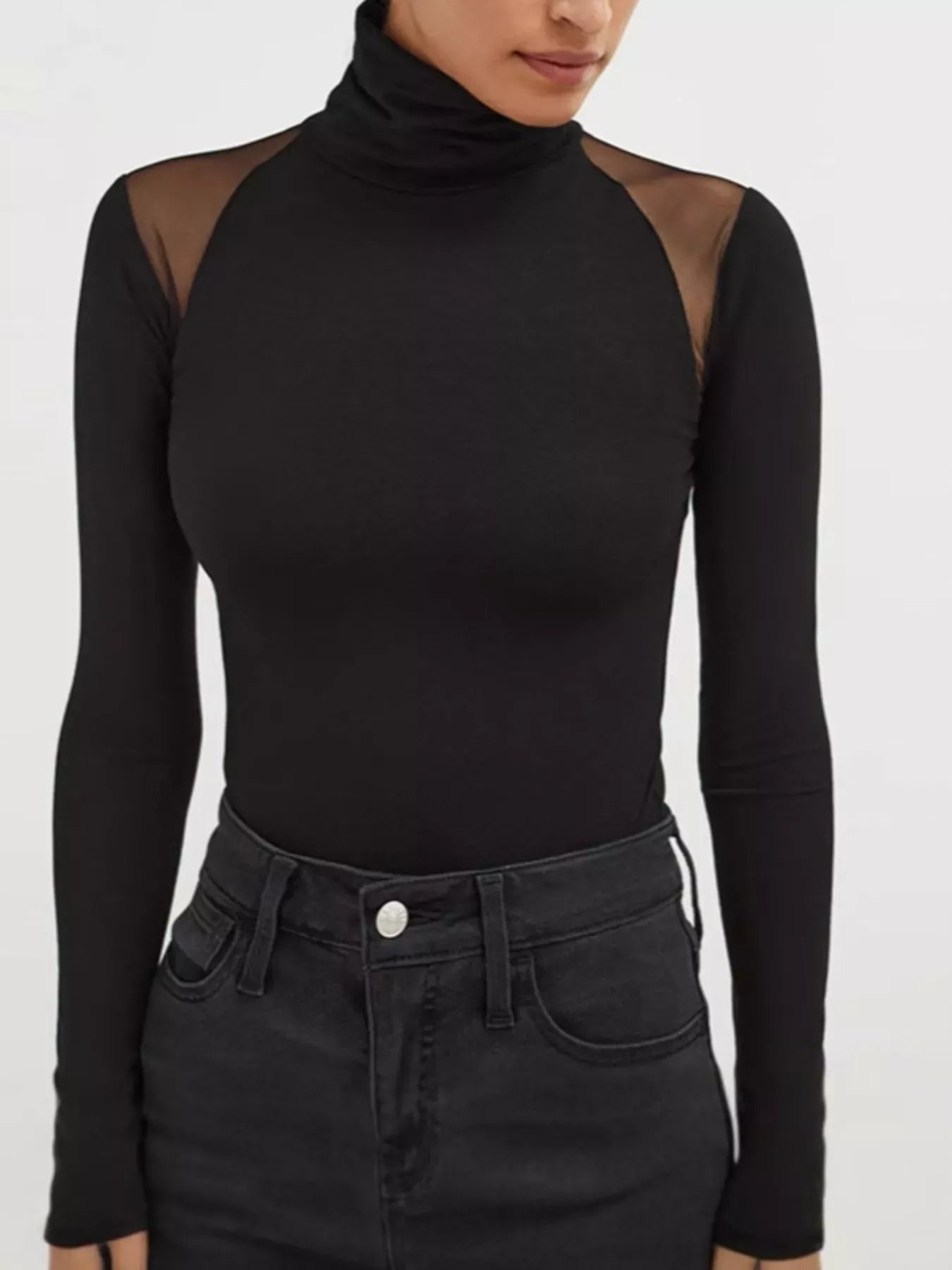 Trendsi Black / S Mesh Shoulder Turtleneck Bodysuit