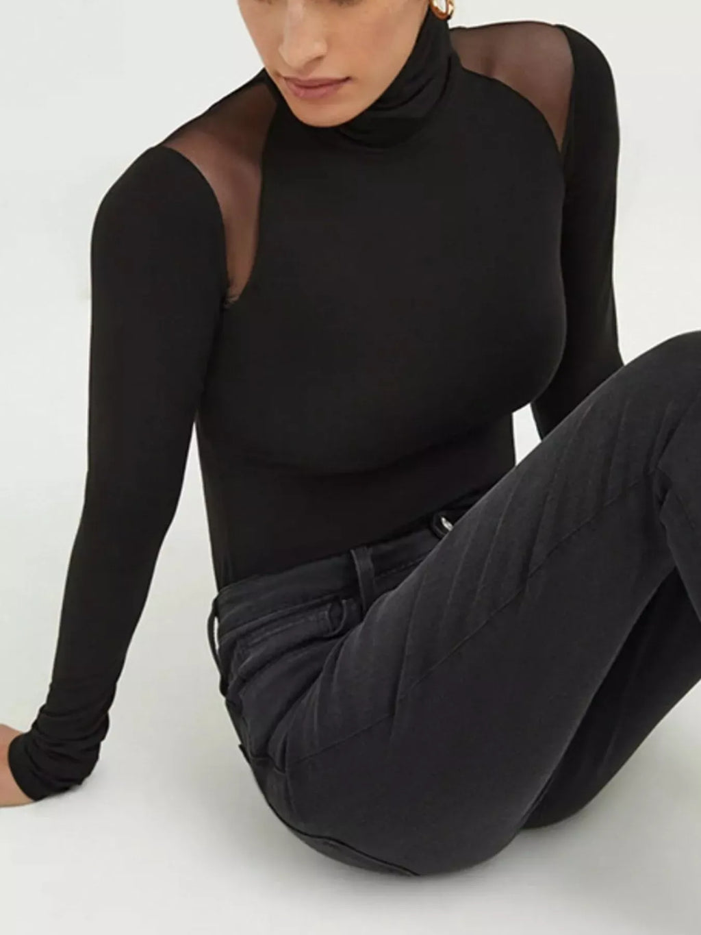 Trendsi Mesh Shoulder Turtleneck Bodysuit