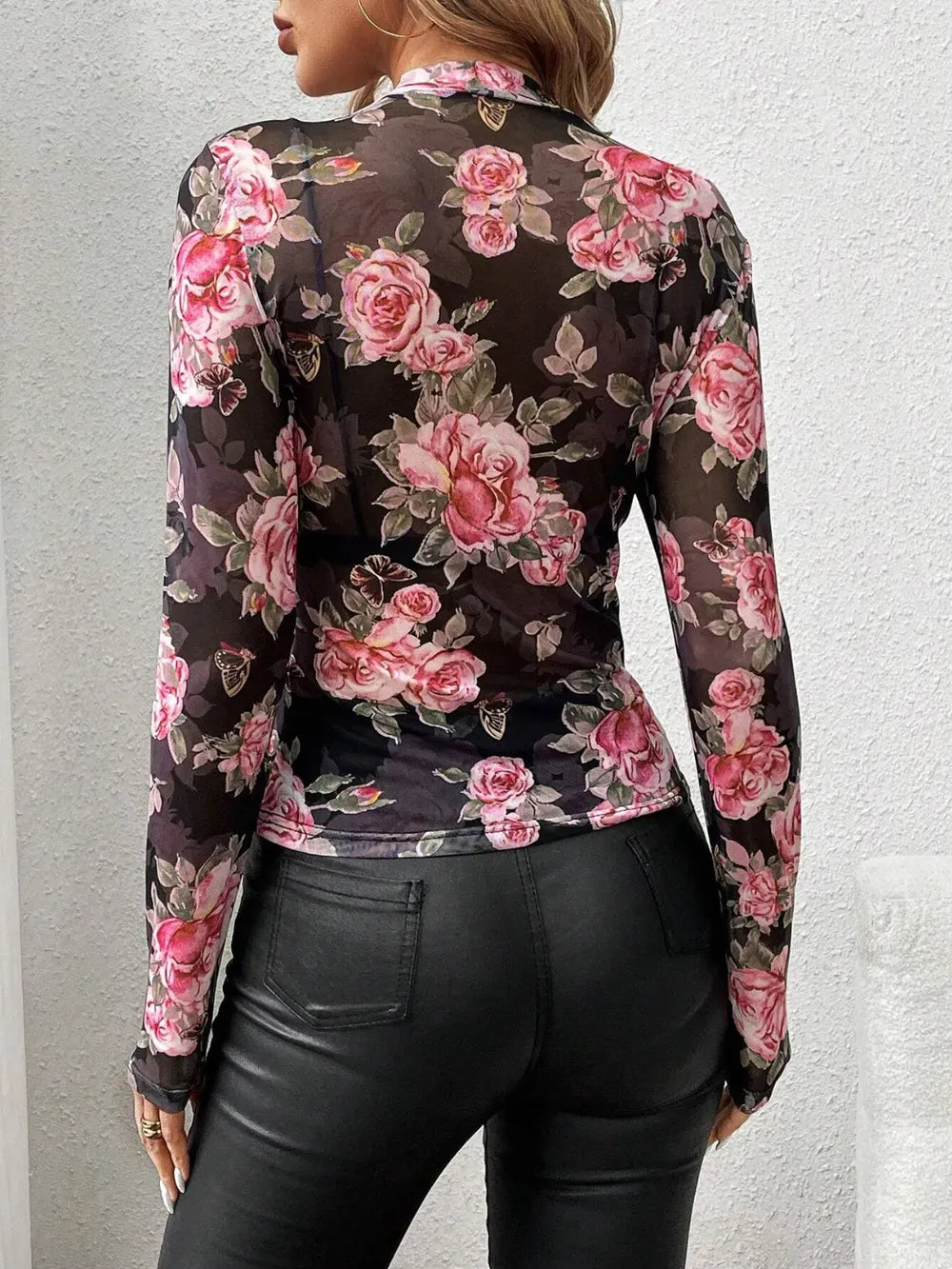 Trendsi Mesh Floral Mock Neck Long Sleeve Top