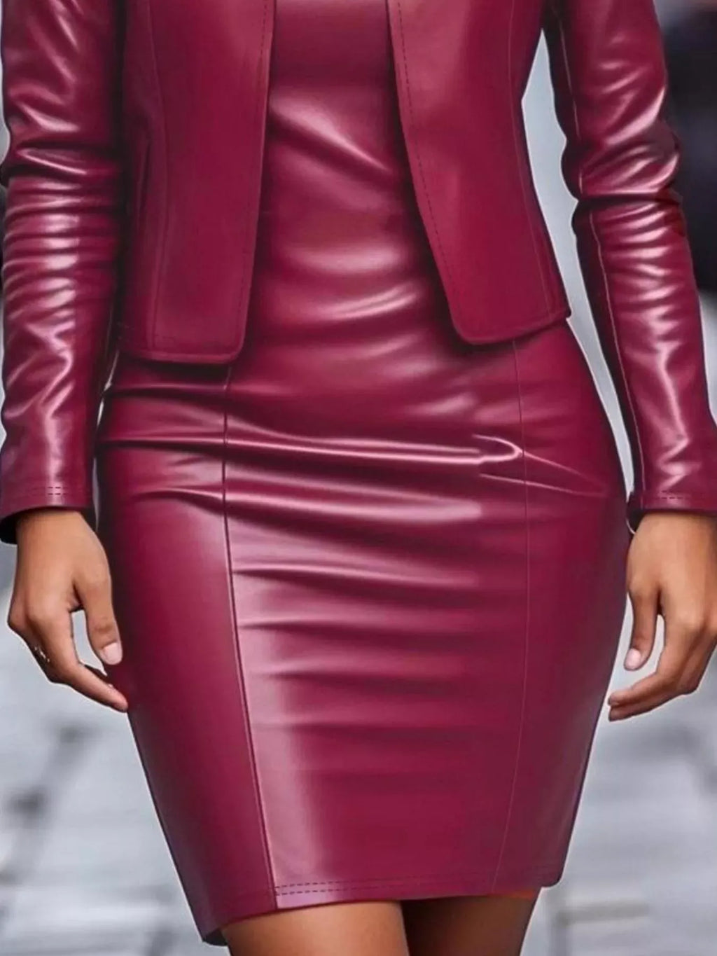 Trendsi set Open Front Leather Jacket & Dress Set
